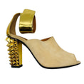 Load image into Gallery viewer, Fendi Beige / Gold Studded Suede and Leather Block Heel Sandals
