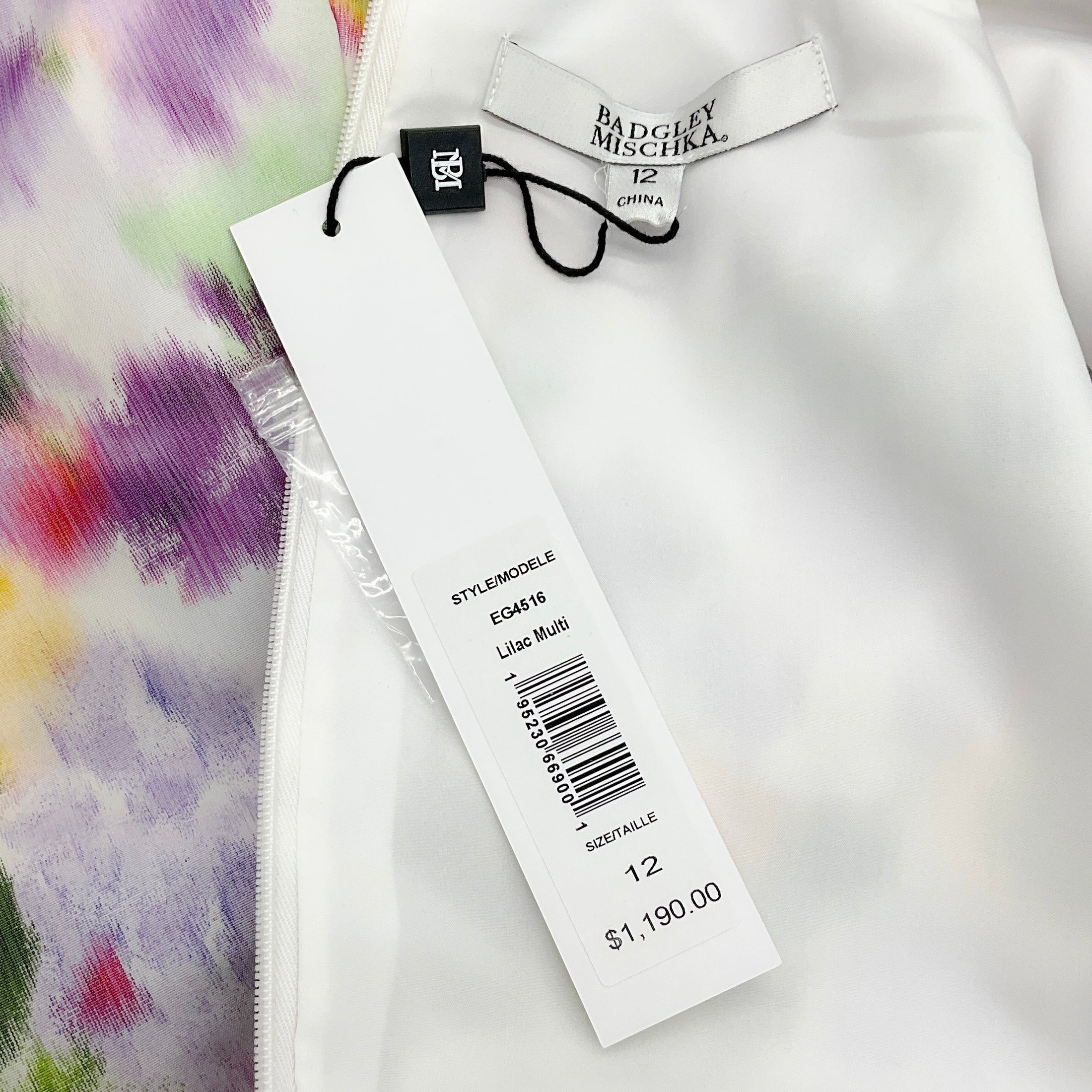 Badgley Mischka Lilac Multi Floral Taffeta Maxi Dress with Tie Belt
