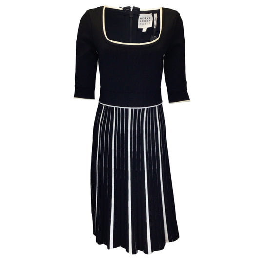 Herve Leger Black / Alabaster Two-Tone Pleated Knit Dress