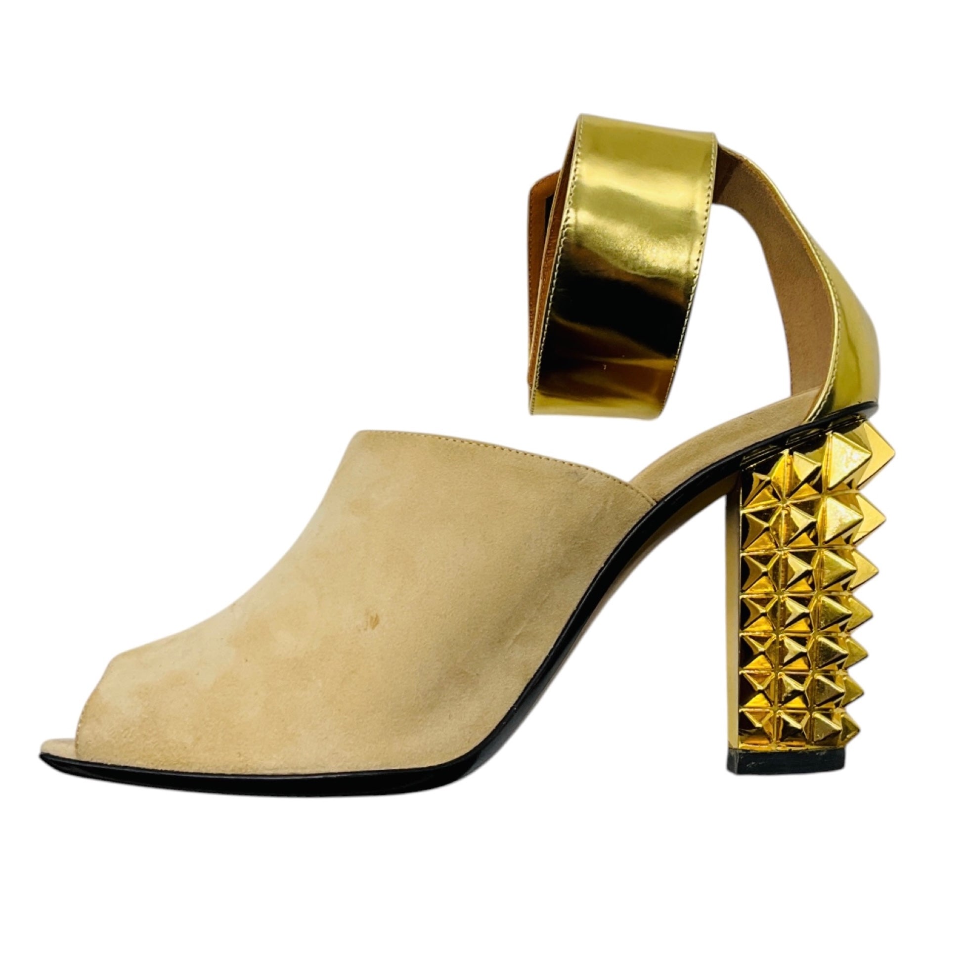 Fendi Beige / Gold Studded Suede and Leather Block Heel Sandals