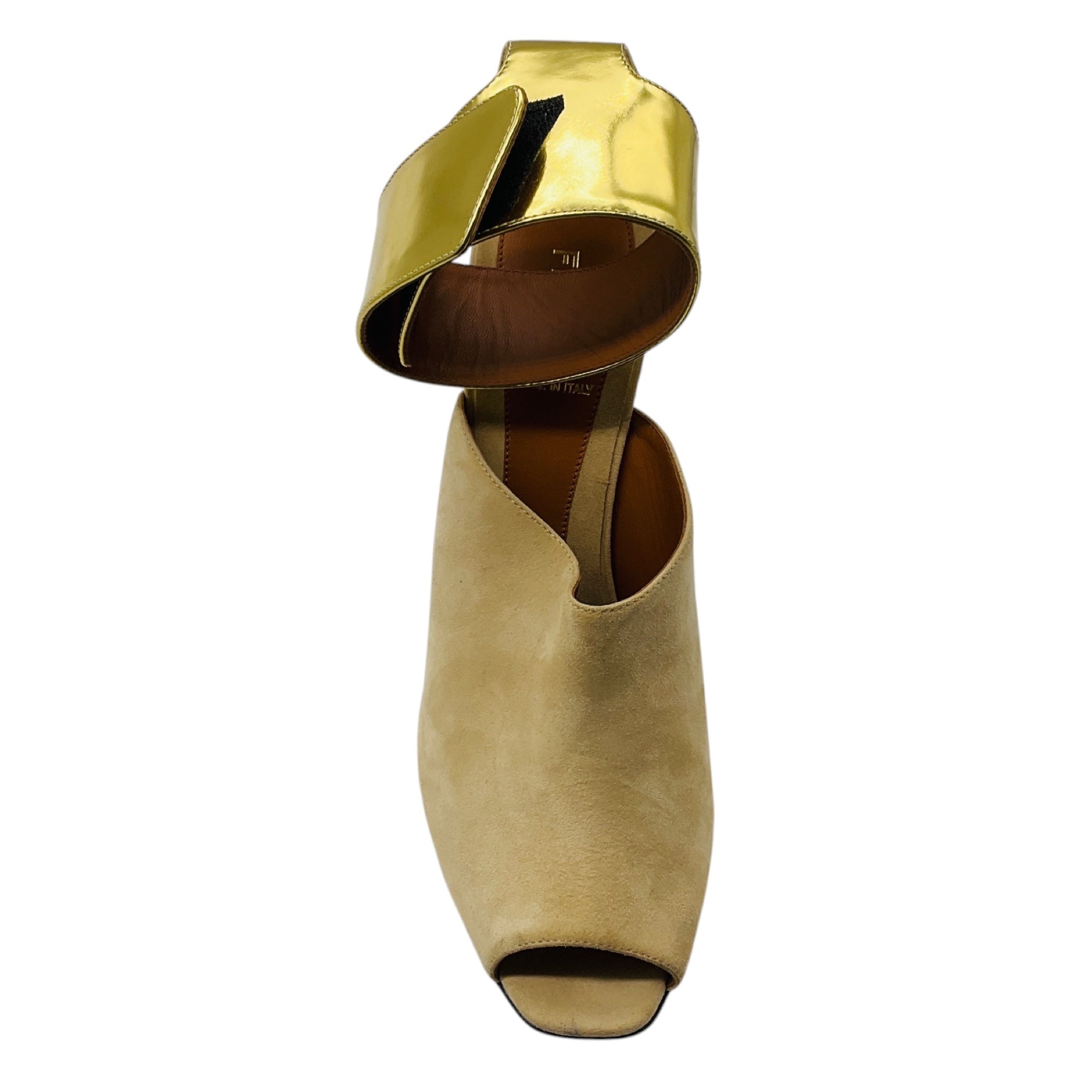 Fendi Beige / Gold Studded Suede and Leather Block Heel Sandals