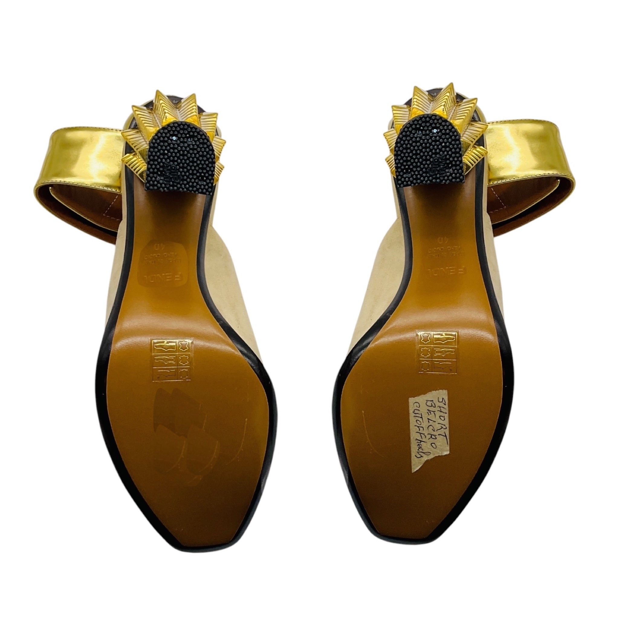Fendi Beige / Gold Studded Suede and Leather Block Heel Sandals