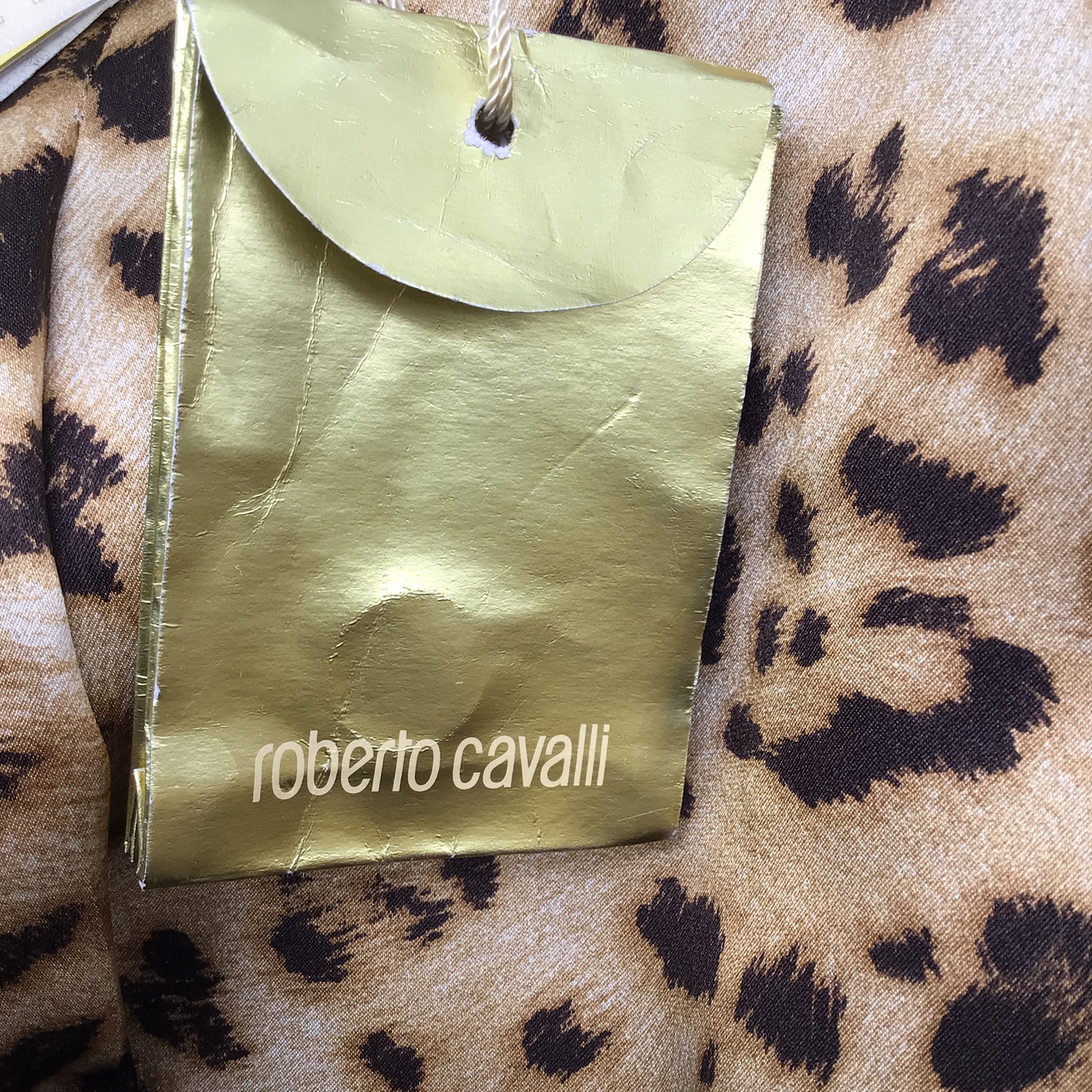 Roberto Cavalli Black / Tan Leopard Print Lined Satin Jacket and Skirt Set