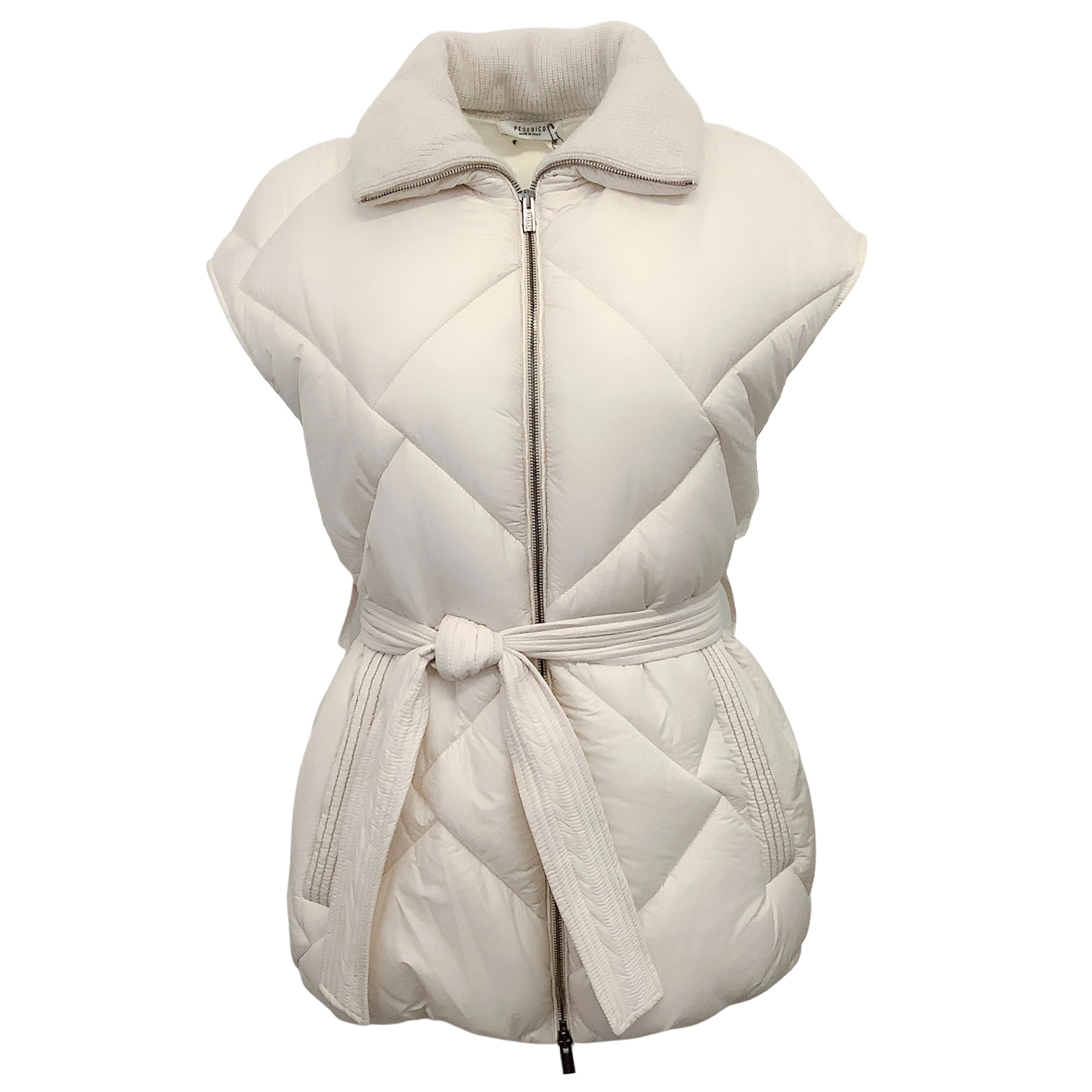 Peserico White Belted Puffer Vest with Monili