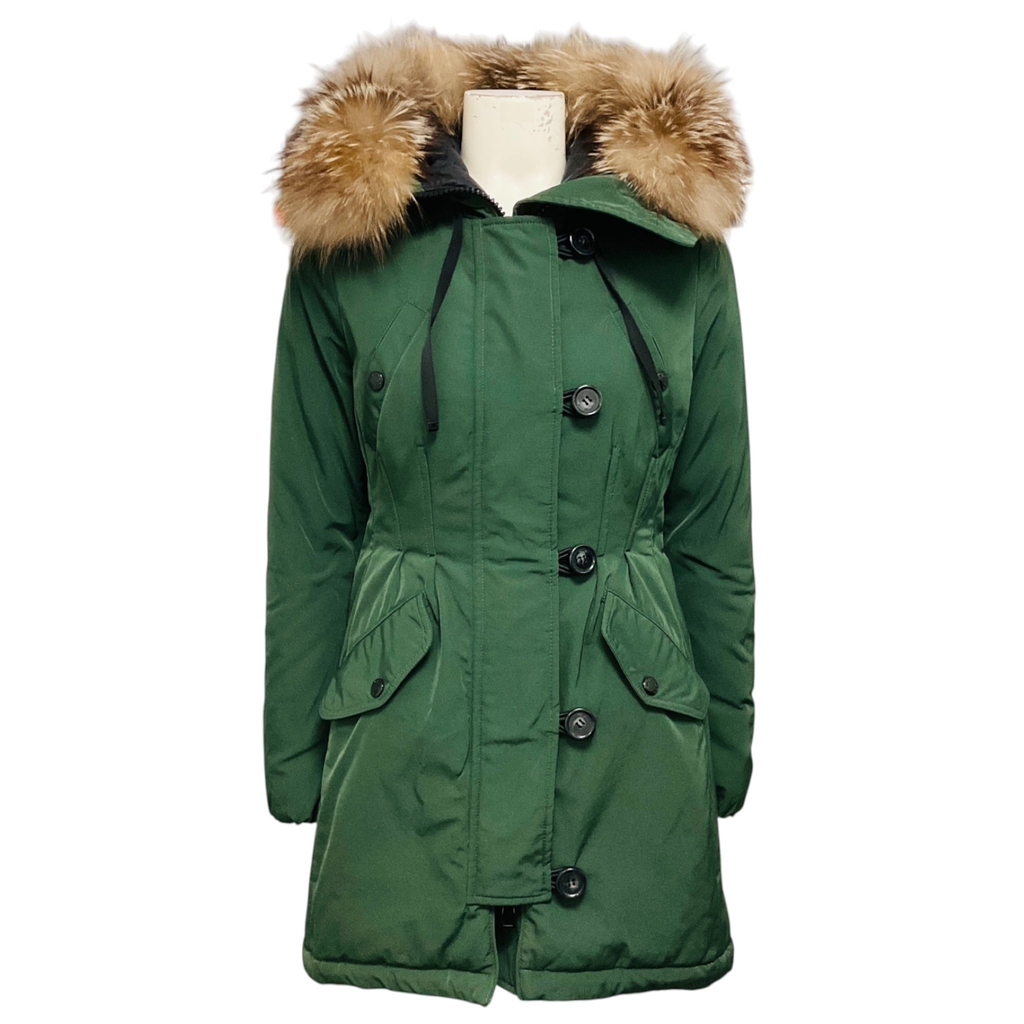 Moncler Olive Green Aredhel Down Puffer Parka Coat with Fox Fur Trim