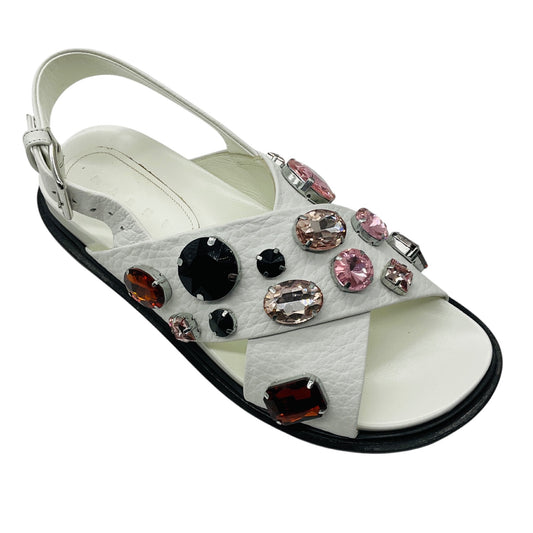 Marni White Multi Crystal Embellished Grained Leather Cross Strap Slingback Sandals