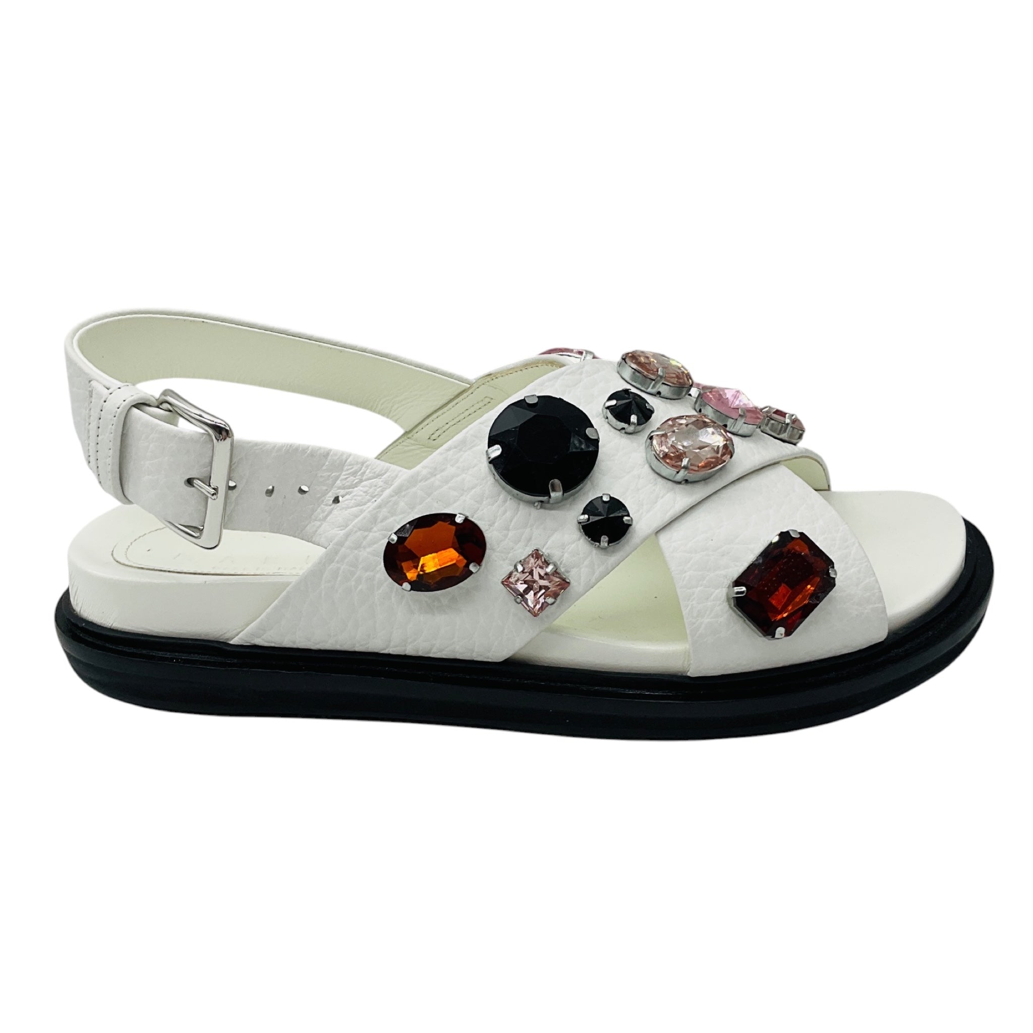 Marni White Multi Crystal Embellished Grained Leather Cross Strap Slingback Sandals