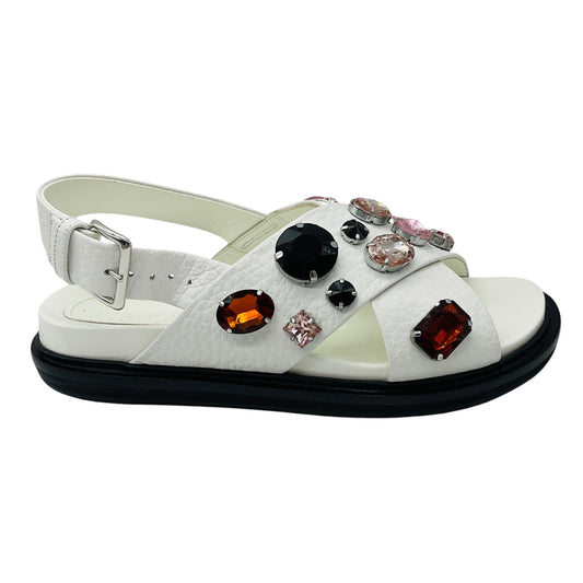 Marni White Multi Crystal Embellished Grained Leather Cross Strap Slingback Sandals