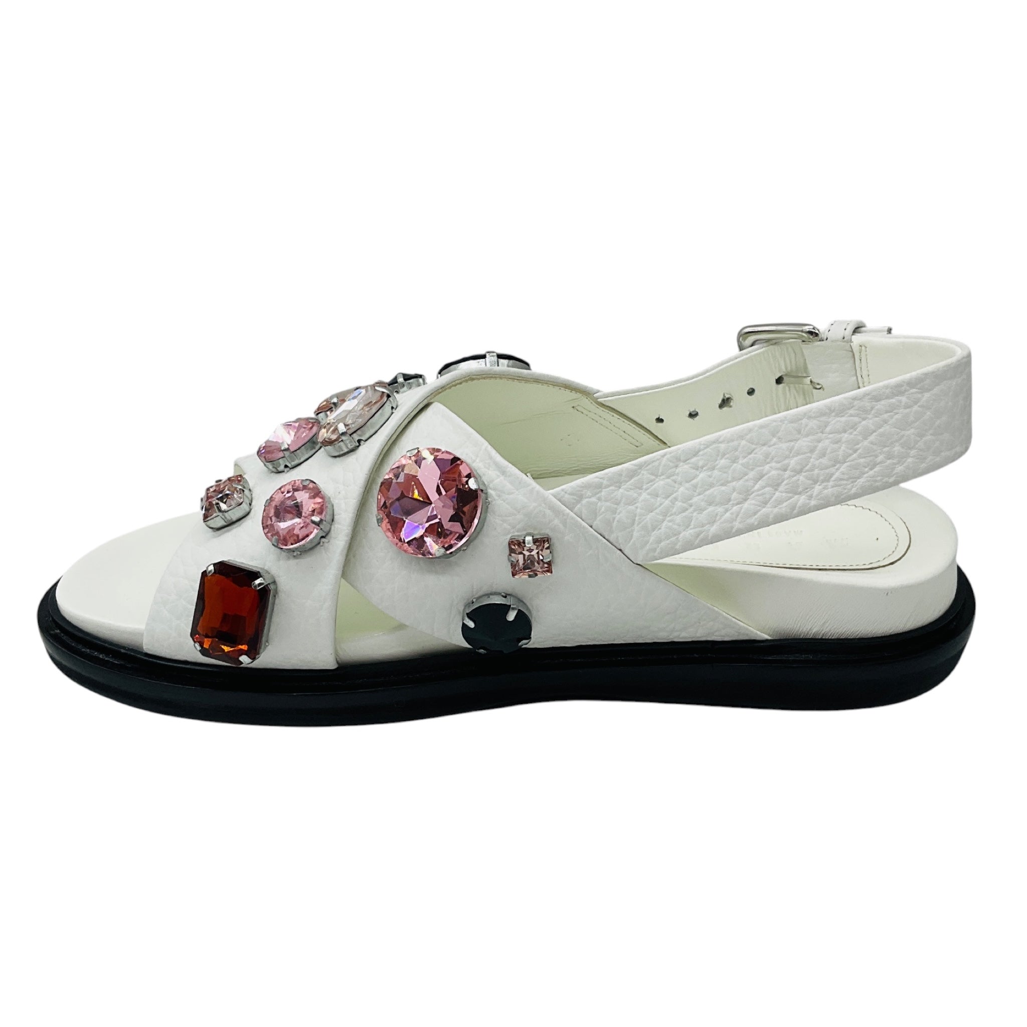 Marni White Multi Crystal Embellished Grained Leather Cross Strap Slingback Sandals