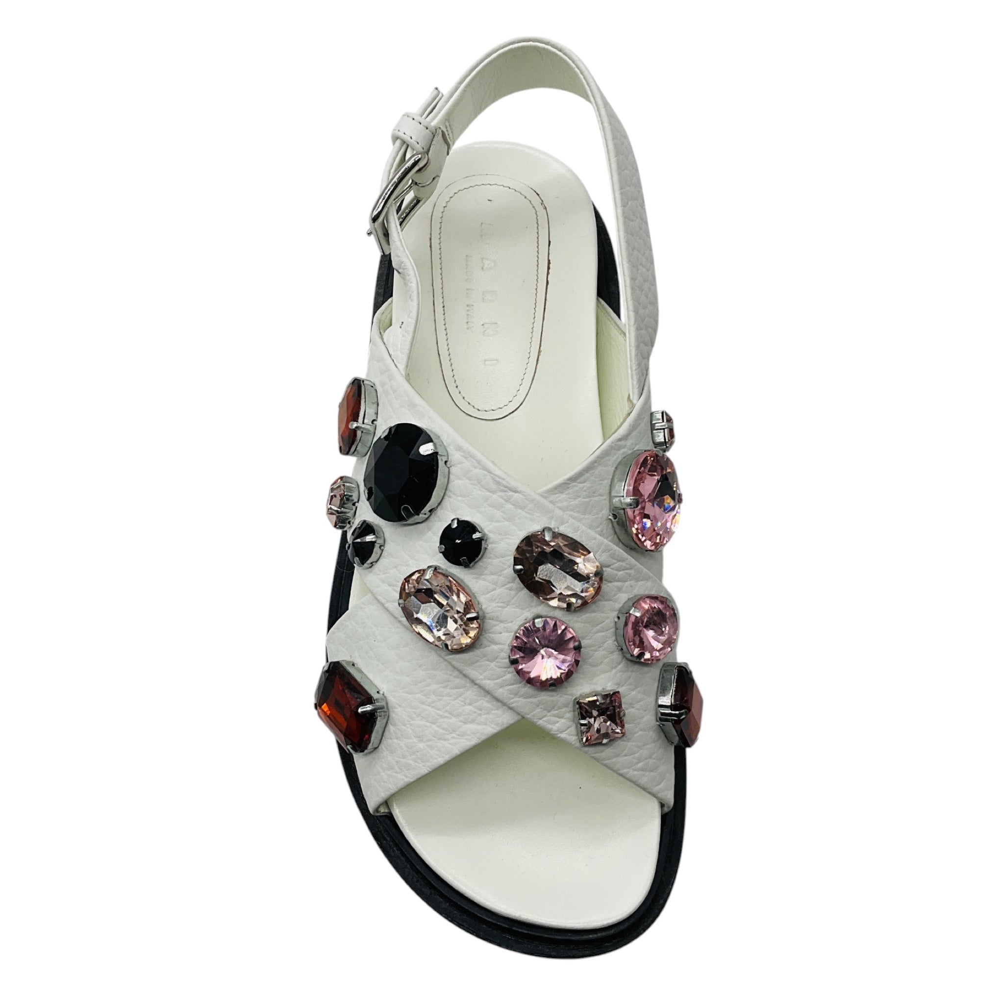 Marni White Multi Crystal Embellished Grained Leather Cross Strap Slingback Sandals