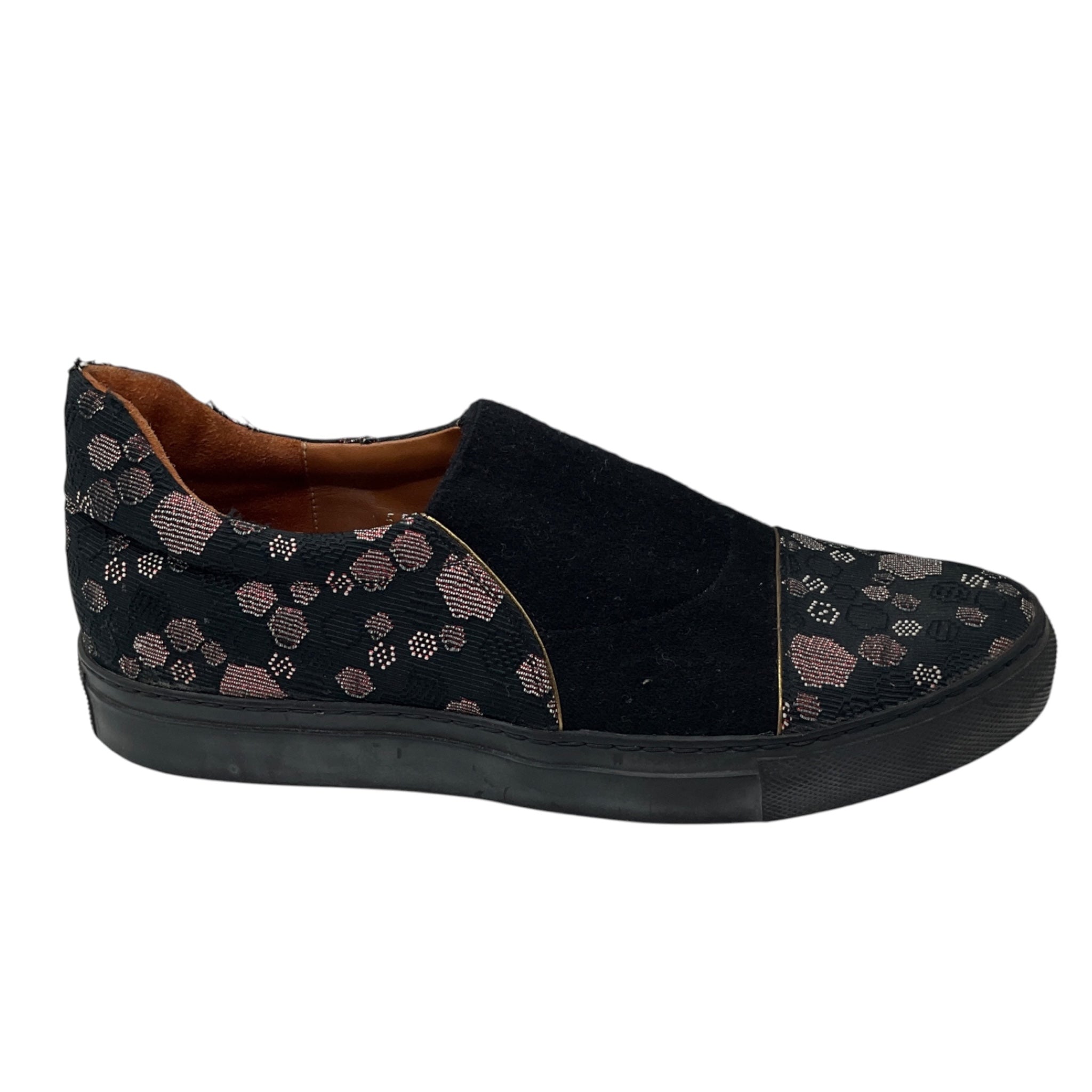Dries Van Noten Black / Red Metallic Printed Fabric Slip On Sneakers