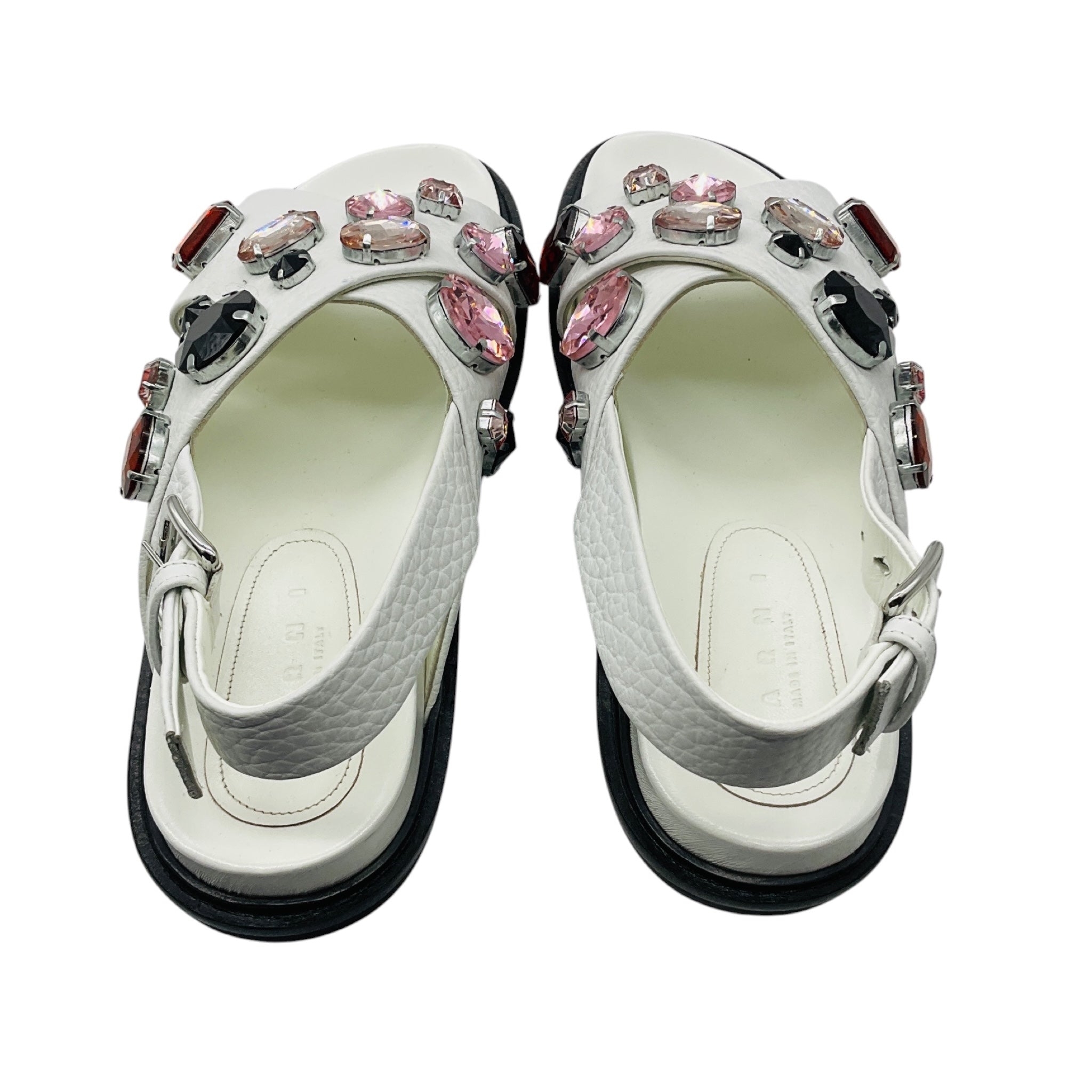 Marni White Multi Crystal Embellished Grained Leather Cross Strap Slingback Sandals
