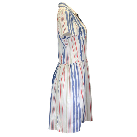 Oscar de la Renta Blue / White / Red Striped Short Sleeved Button-down Cotton Shirt Dress