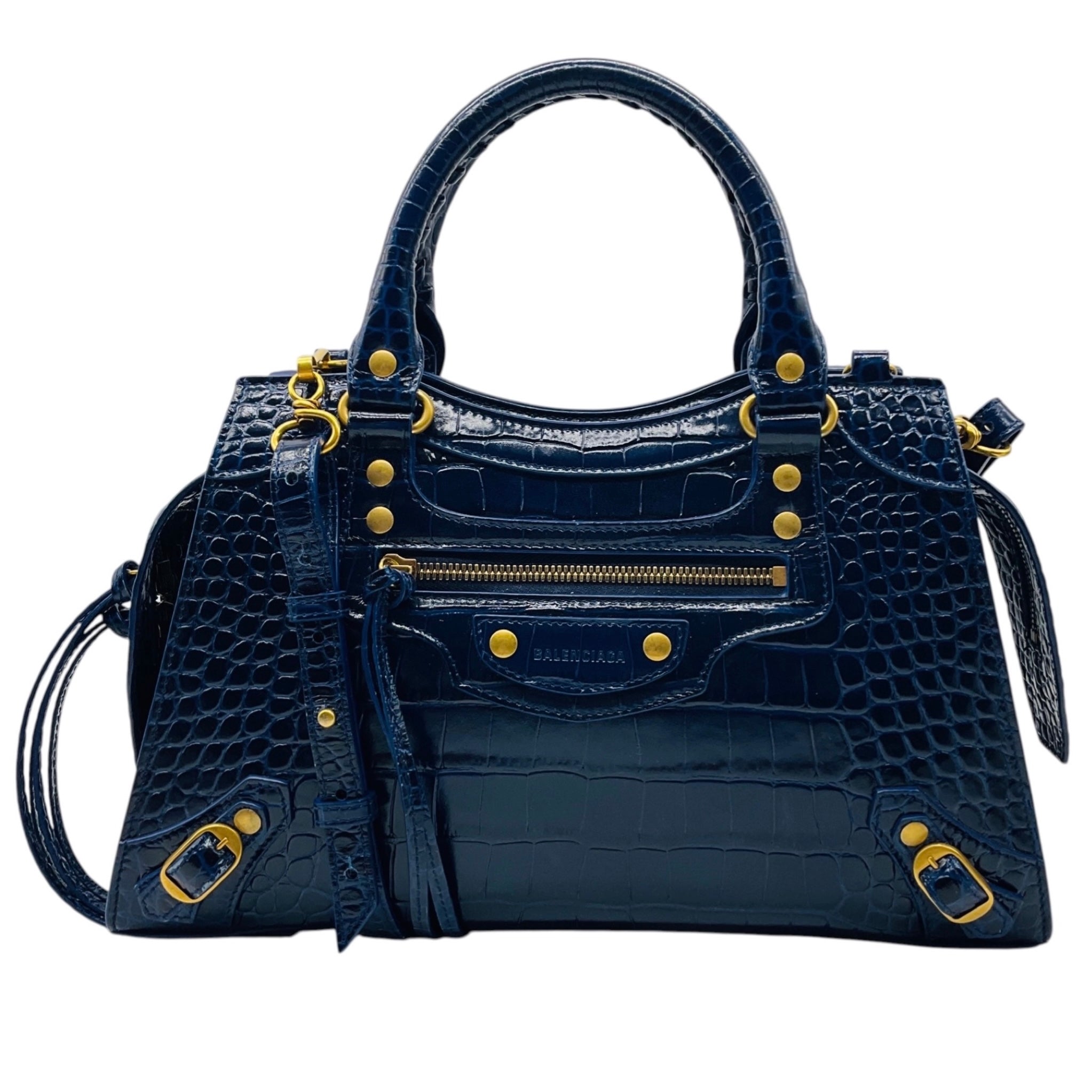 Balenciaga Navy Blue Croc Embossed Small Neo Classic City Satchel
