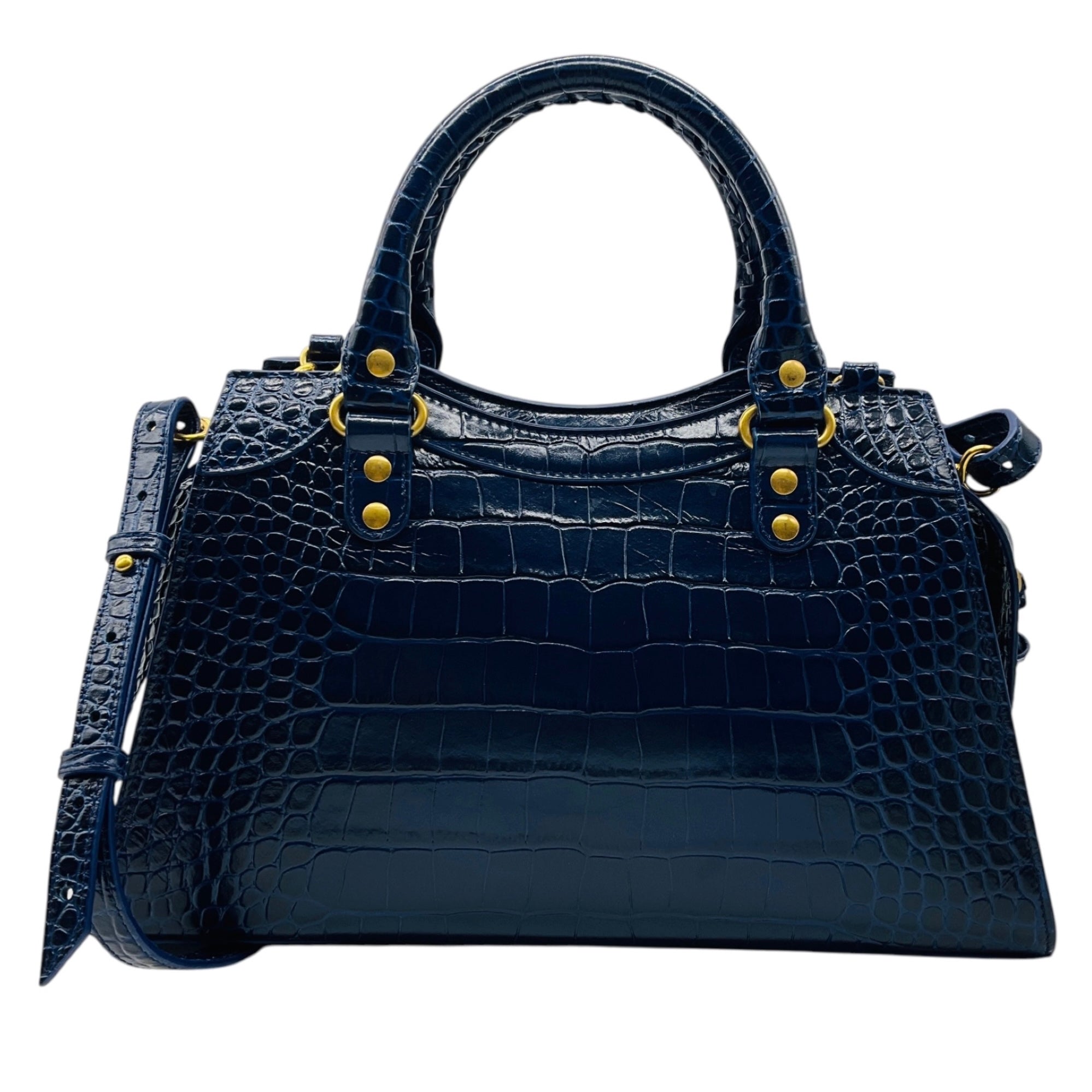 Balenciaga Navy Blue Croc Embossed Small Neo Classic City Satchel