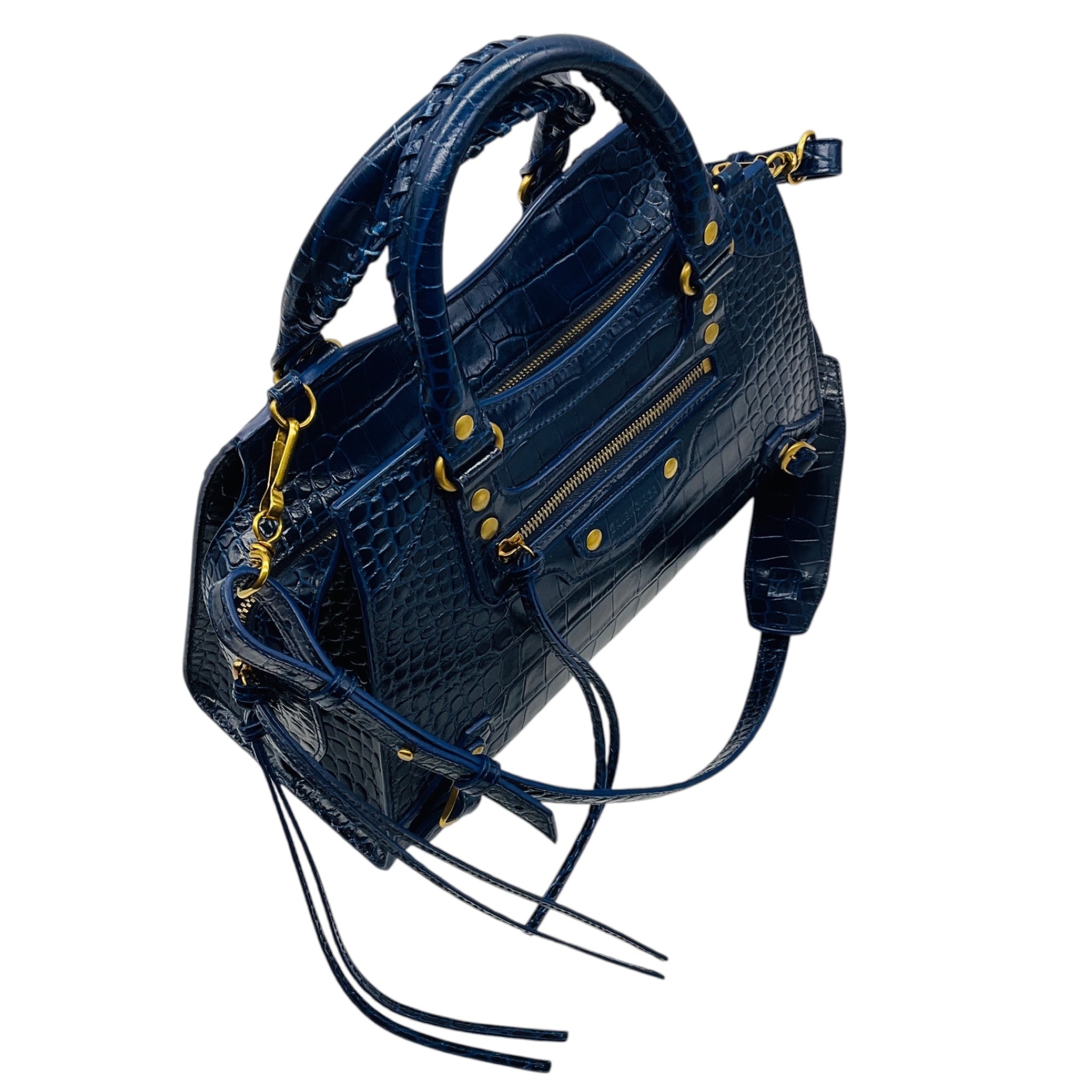 Balenciaga Navy Blue Croc Embossed Small Neo Classic City Satchel