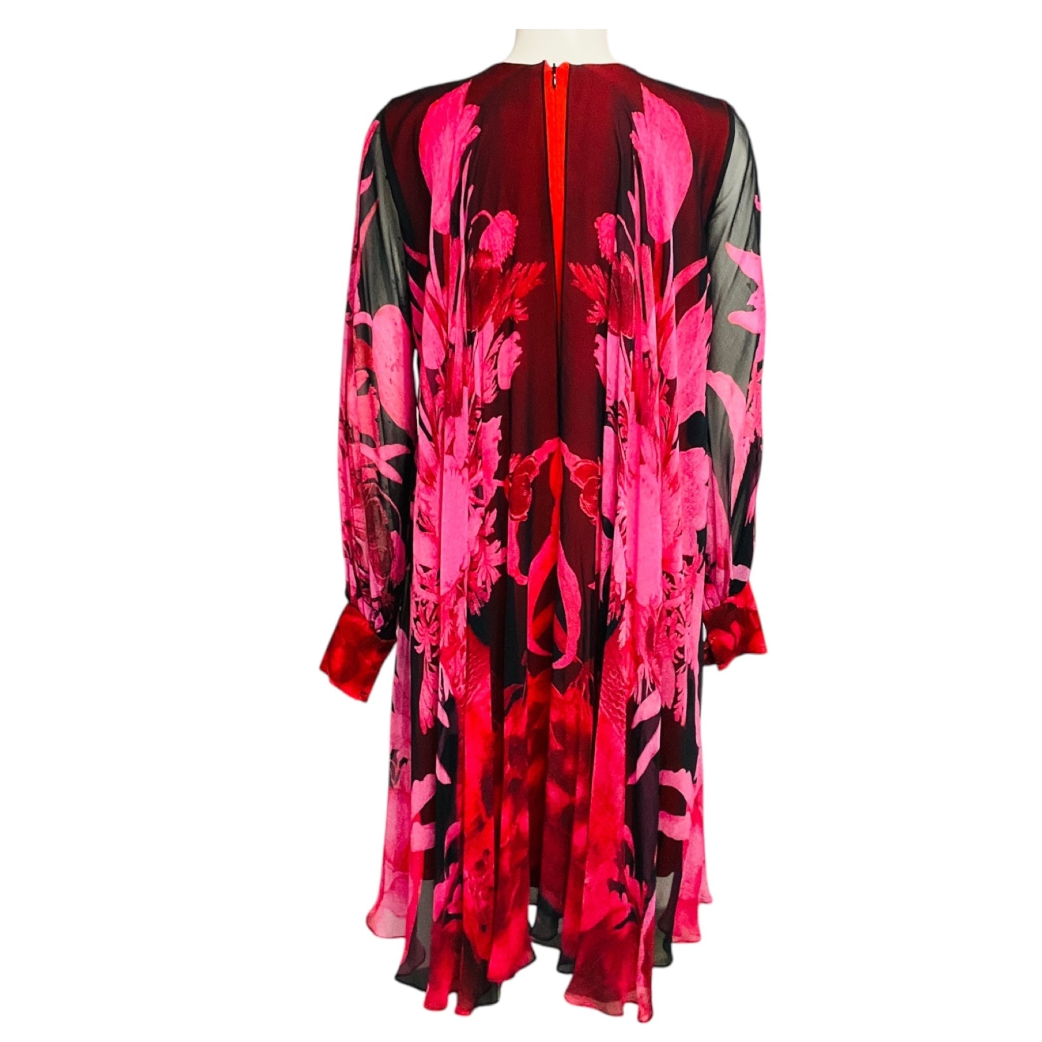 Giambattista Valli Pink / Red Multi Floral Printed Silk Chiffon Dress
