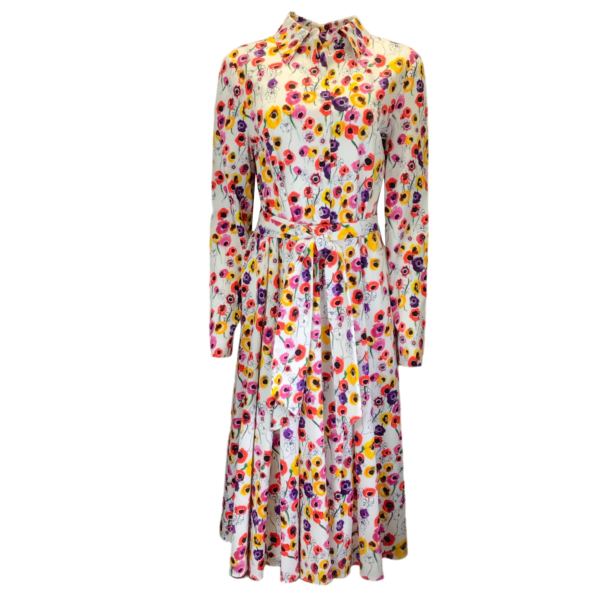Jonathan Cohen White Multi Floral Printed Belted Long Sleeved Cotton Midi Dress
