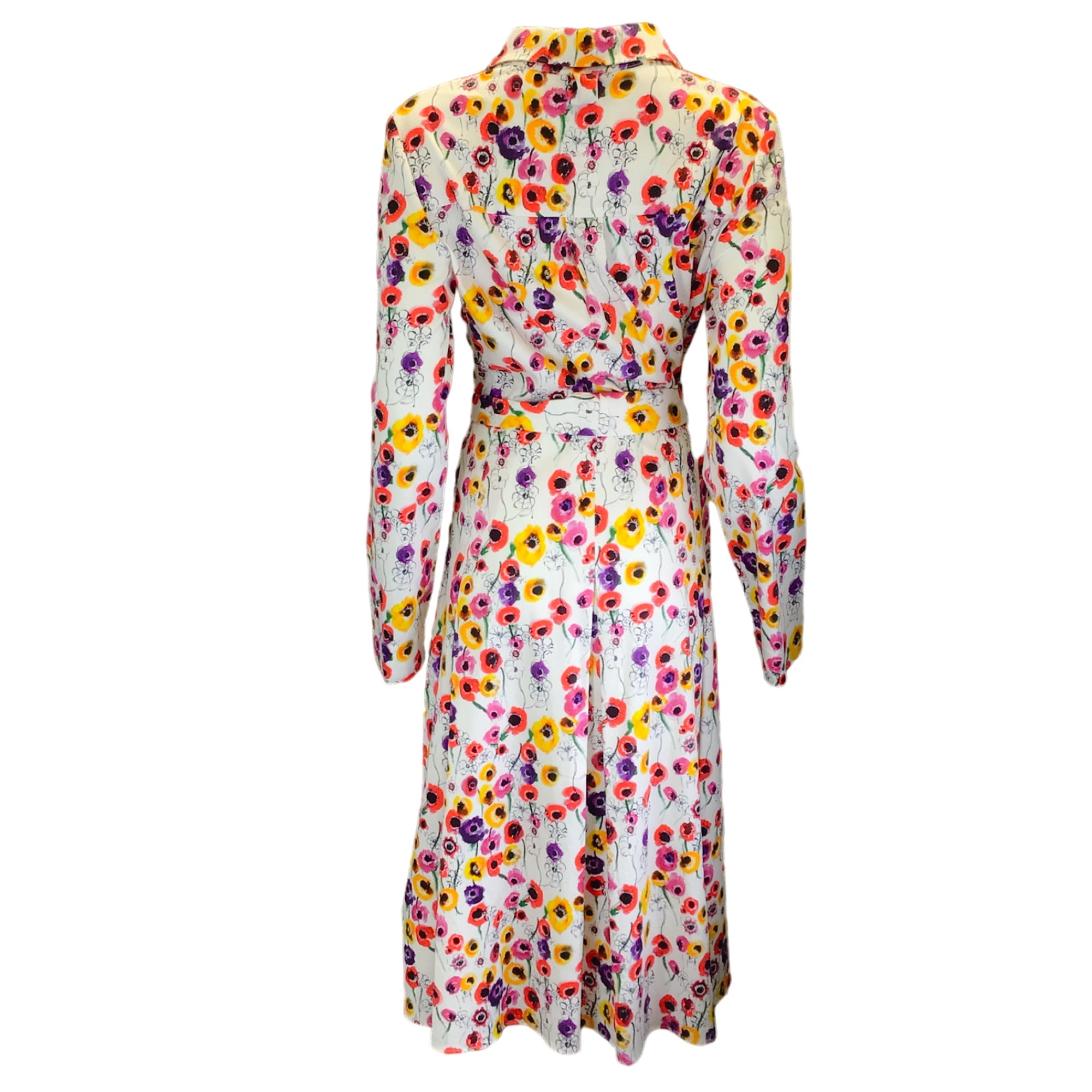 Jonathan Cohen White Multi Floral Printed Belted Long Sleeved Cotton Midi Dress