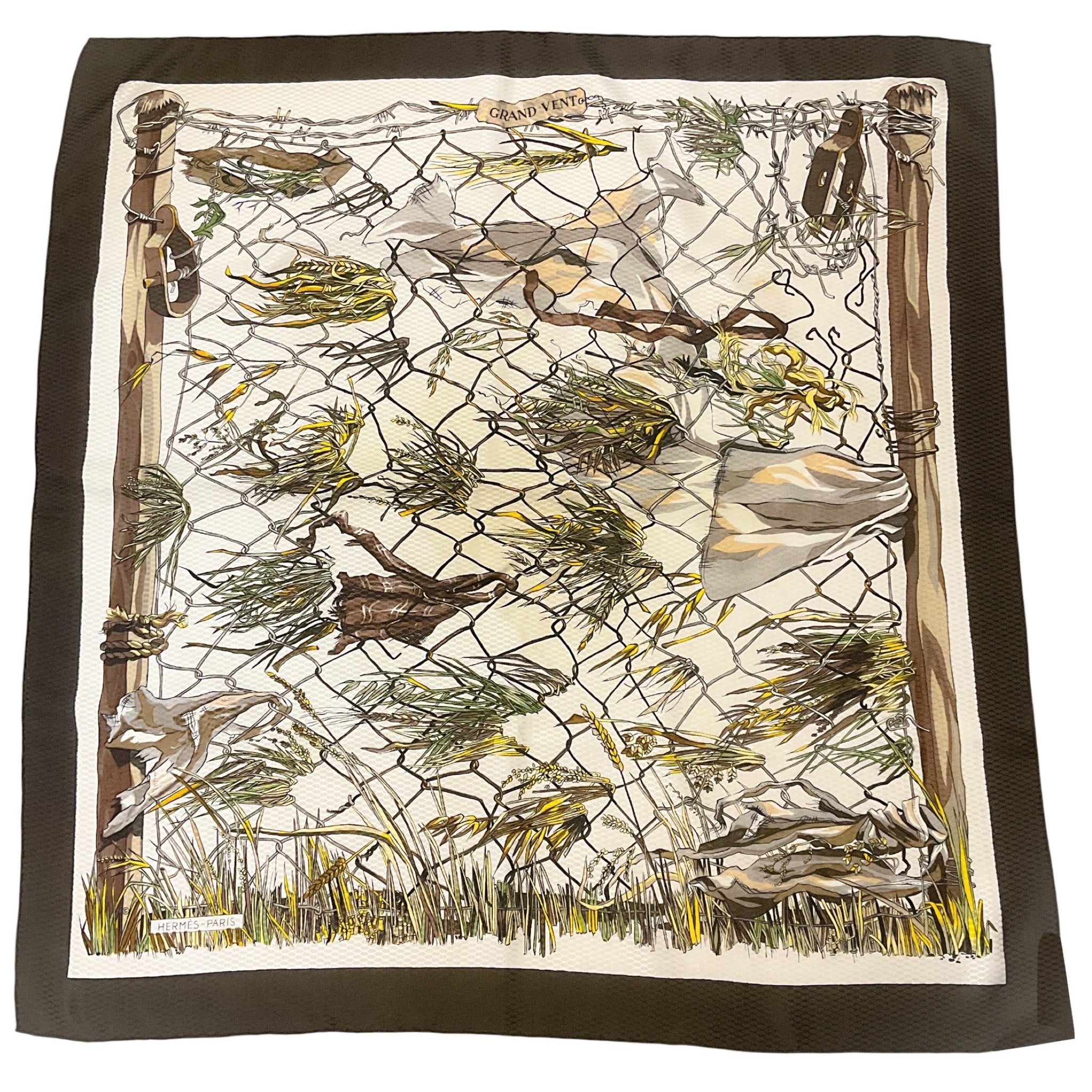 Hermes Brown / Ivory Multi Grand Vent Square Silk Twill Scarf