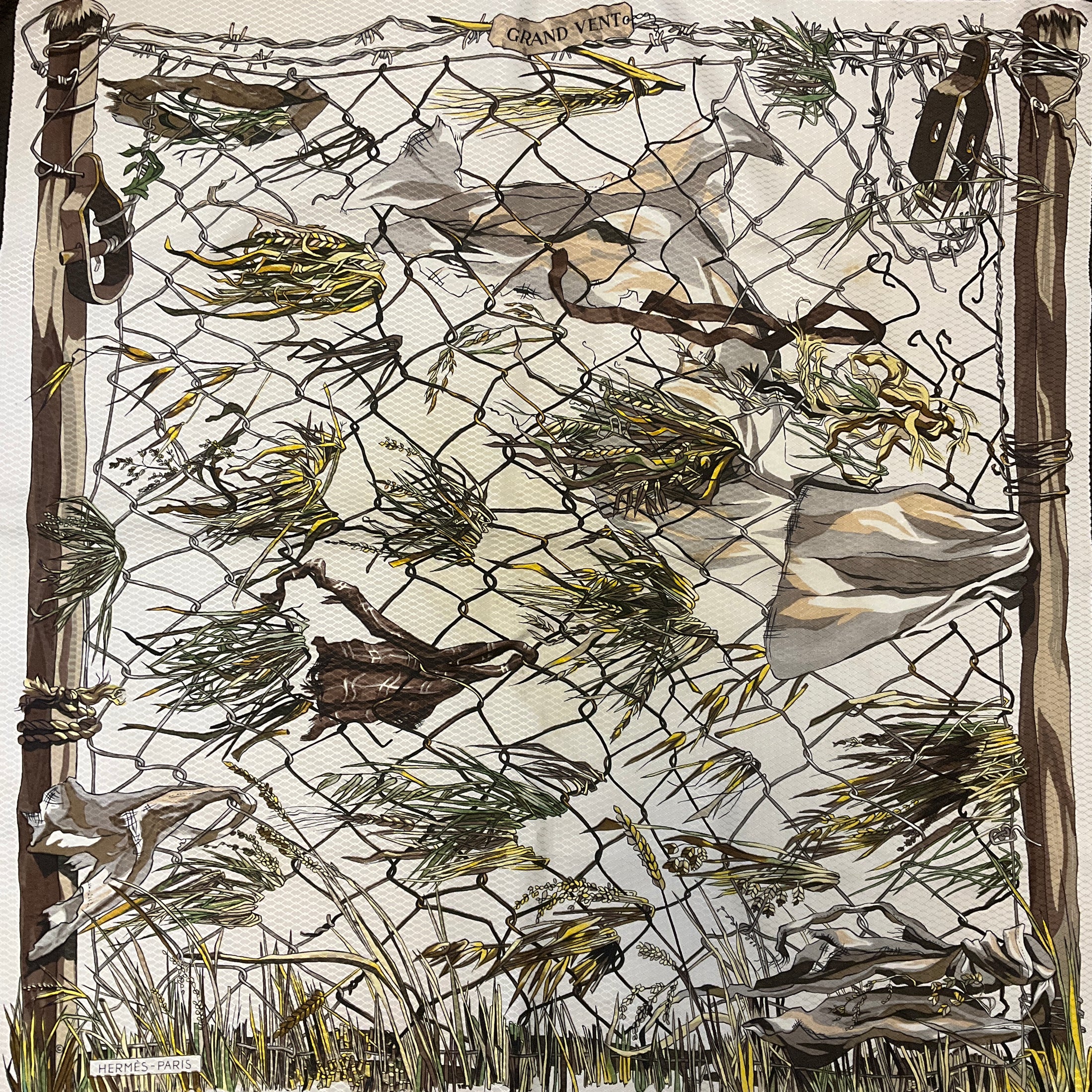 Hermes Brown / Ivory Multi Grand Vent Square Silk Twill Scarf