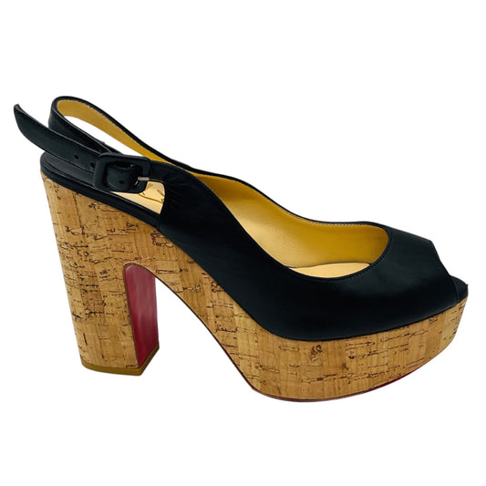 Christian Louboutin Black Leather and Cork Platform Peep Toe Sandals