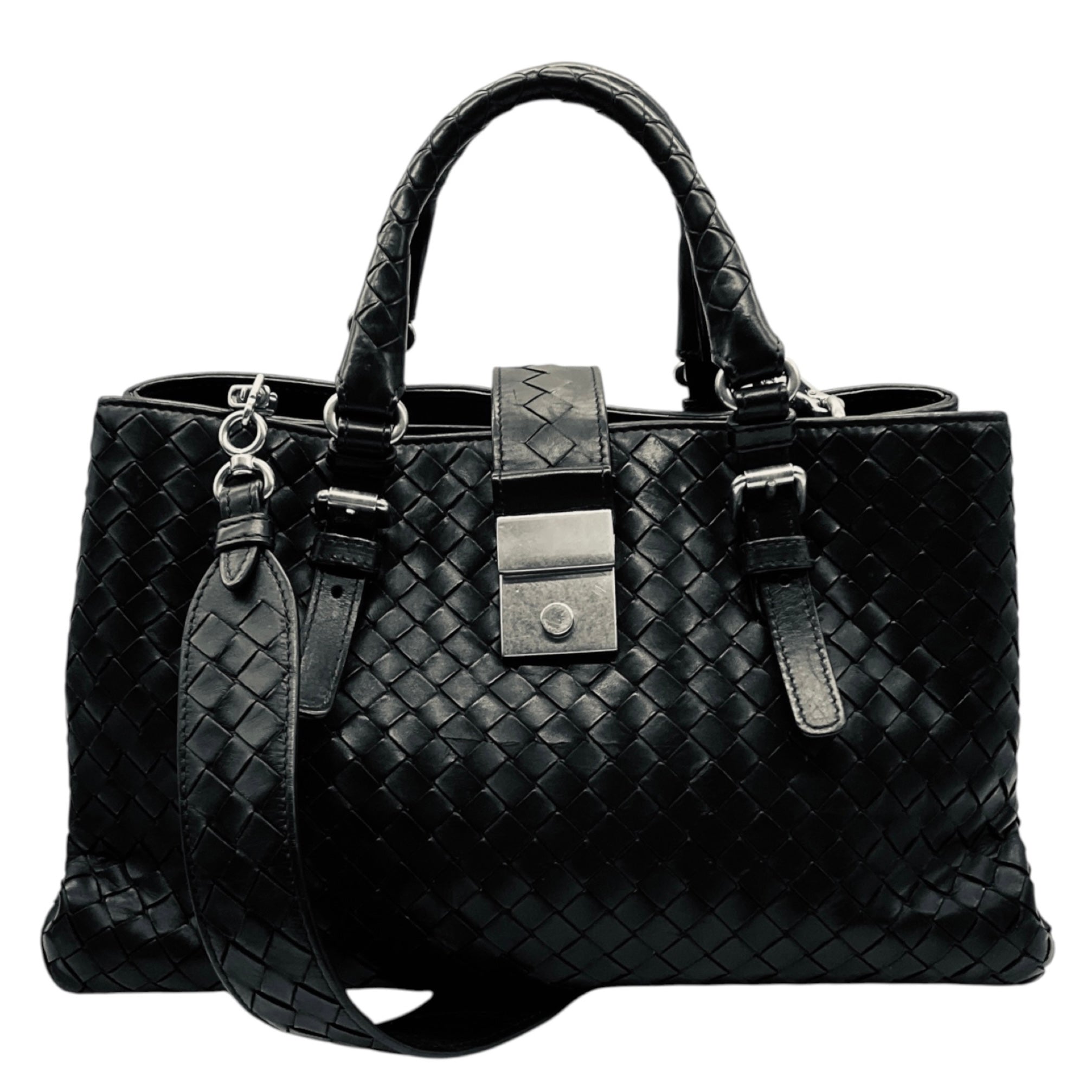 Bottega Veneta Black Intrecciato Woven Leather Double Top Handle Handbag with Shoulder Strap