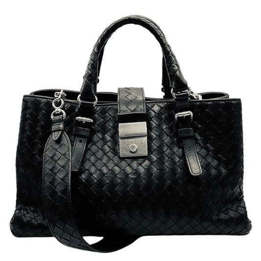 Bottega Veneta Black Intrecciato Woven Leather Double Top Handle Handbag with Shoulder Strap