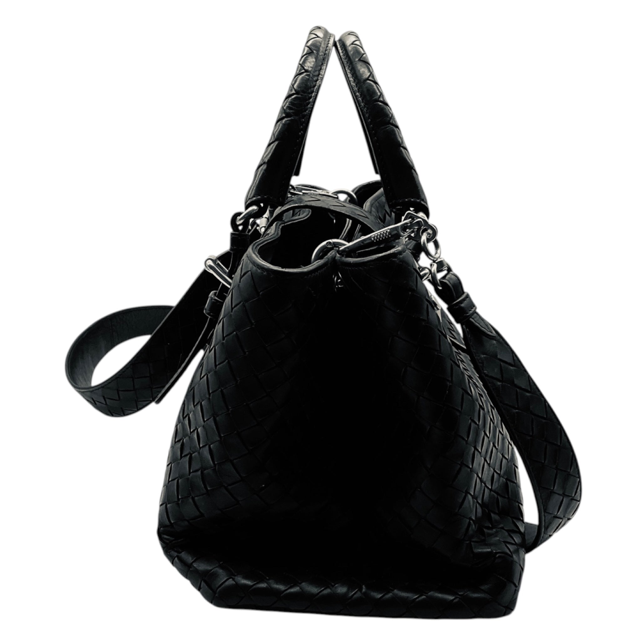 Bottega Veneta Black Intrecciato Woven Leather Double Top Handle Handbag with Shoulder Strap