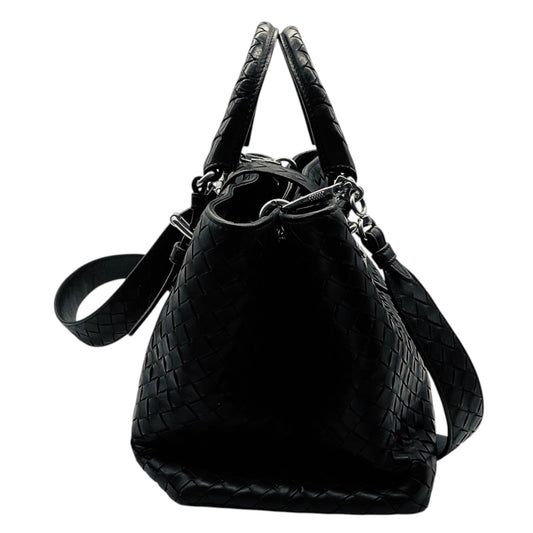 Bottega Veneta Black Intrecciato Woven Leather Double Top Handle Handbag with Shoulder Strap