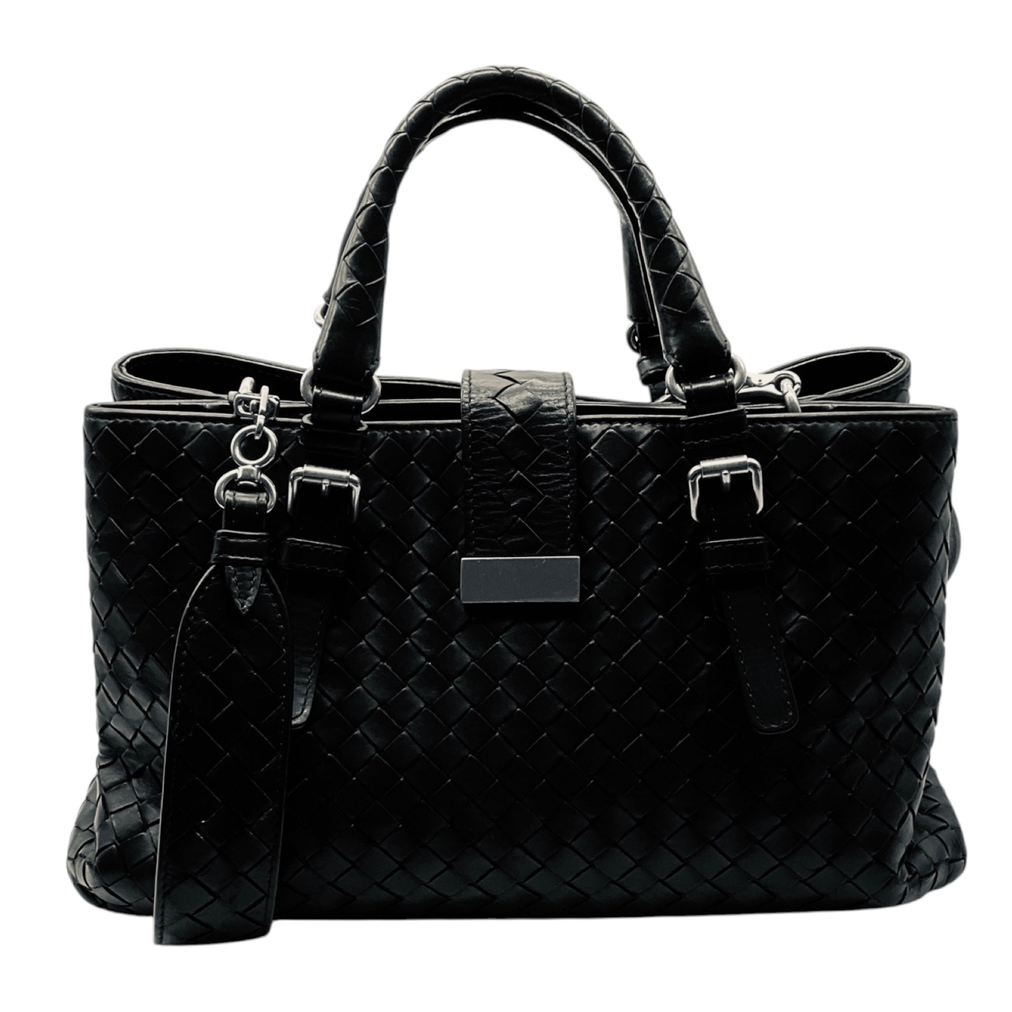 Bottega Veneta Black Intrecciato Woven Leather Double Top Handle Handbag with Shoulder Strap