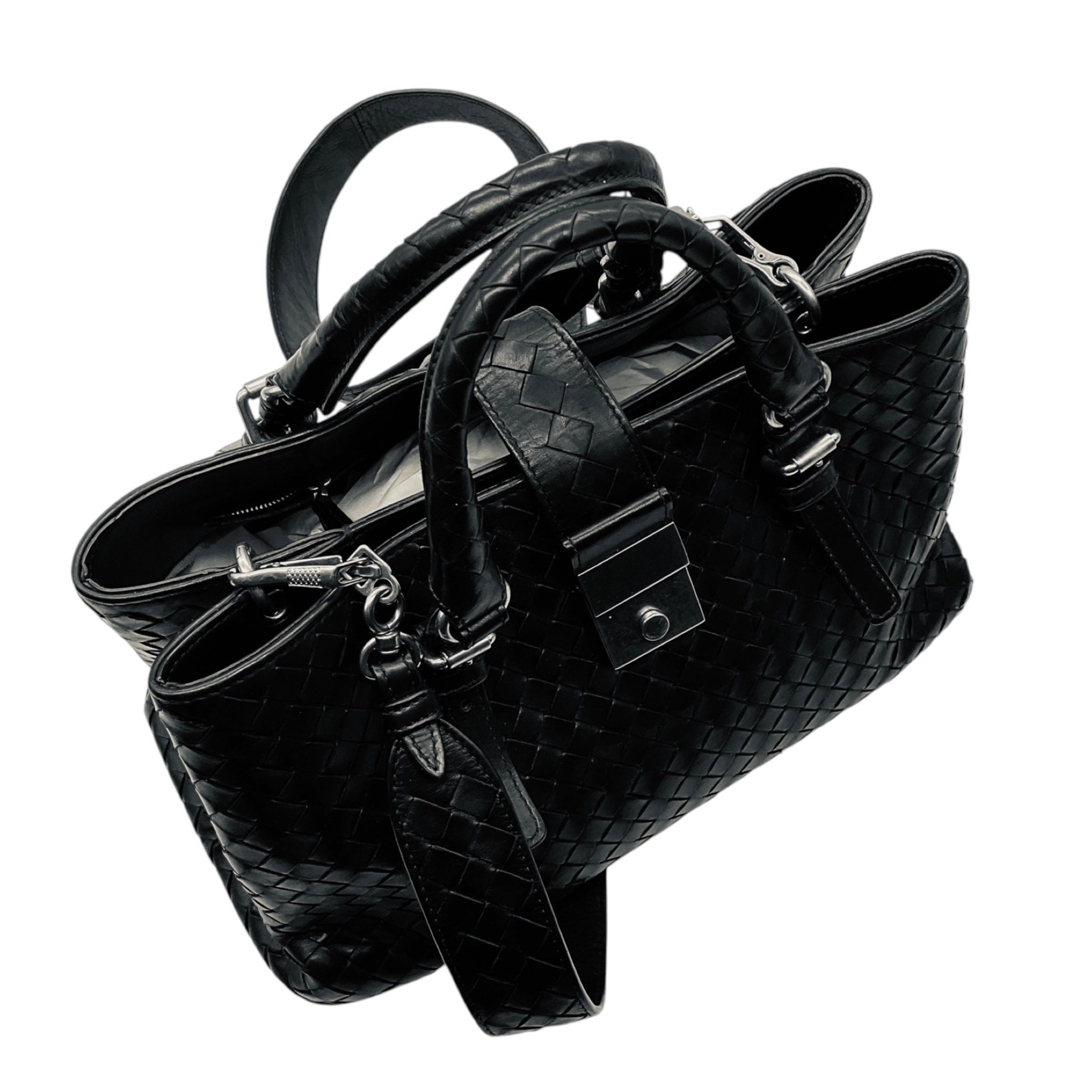 Bottega Veneta Black Intrecciato Woven Leather Double Top Handle Handbag with Shoulder Strap