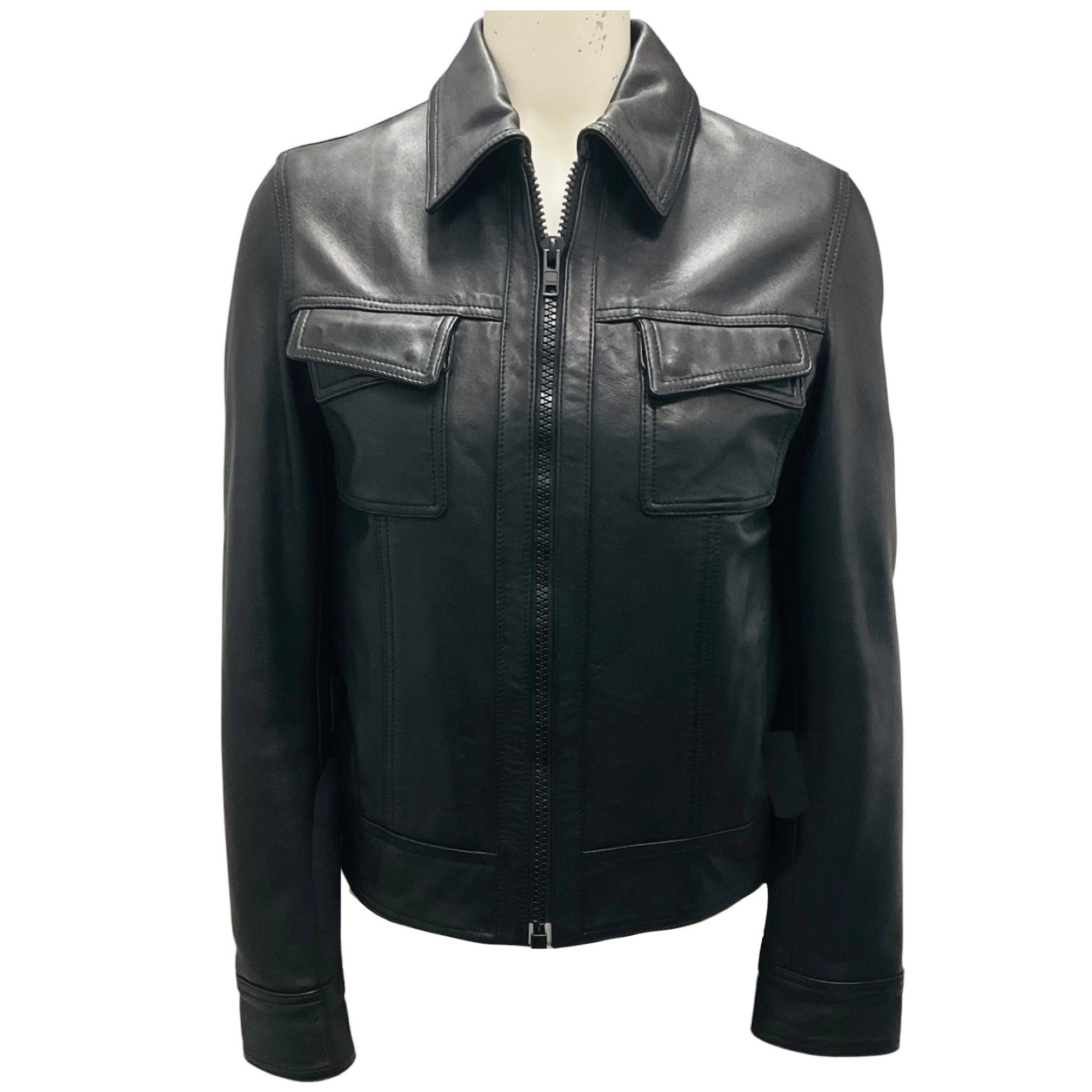 SPRWMN Black Full Zip Leather Biker Jacket