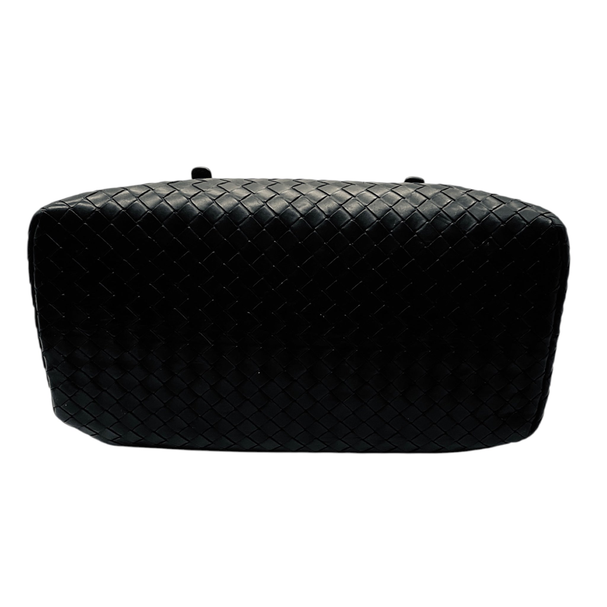 Bottega Veneta Black Intrecciato Woven Leather Double Top Handle Handbag with Shoulder Strap