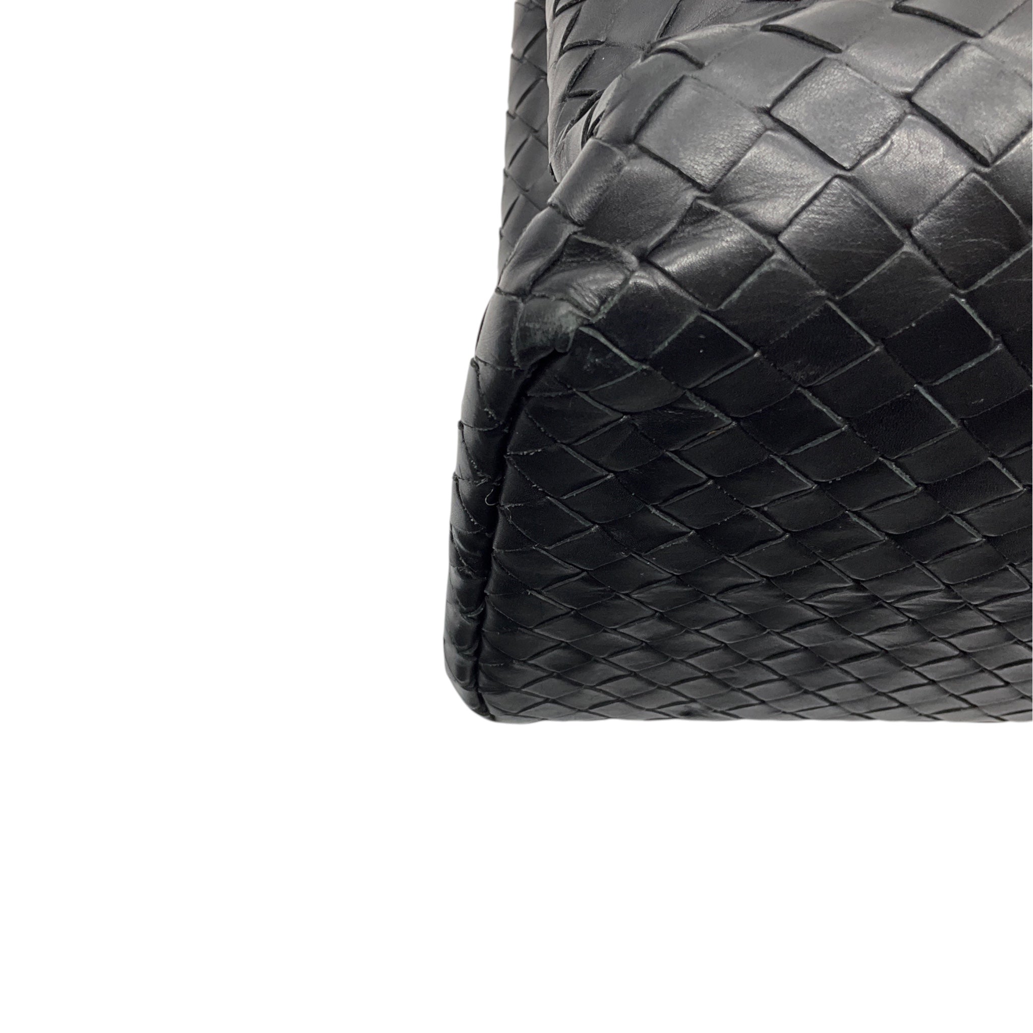 Bottega Veneta Black Intrecciato Woven Leather Double Top Handle Handbag with Shoulder Strap