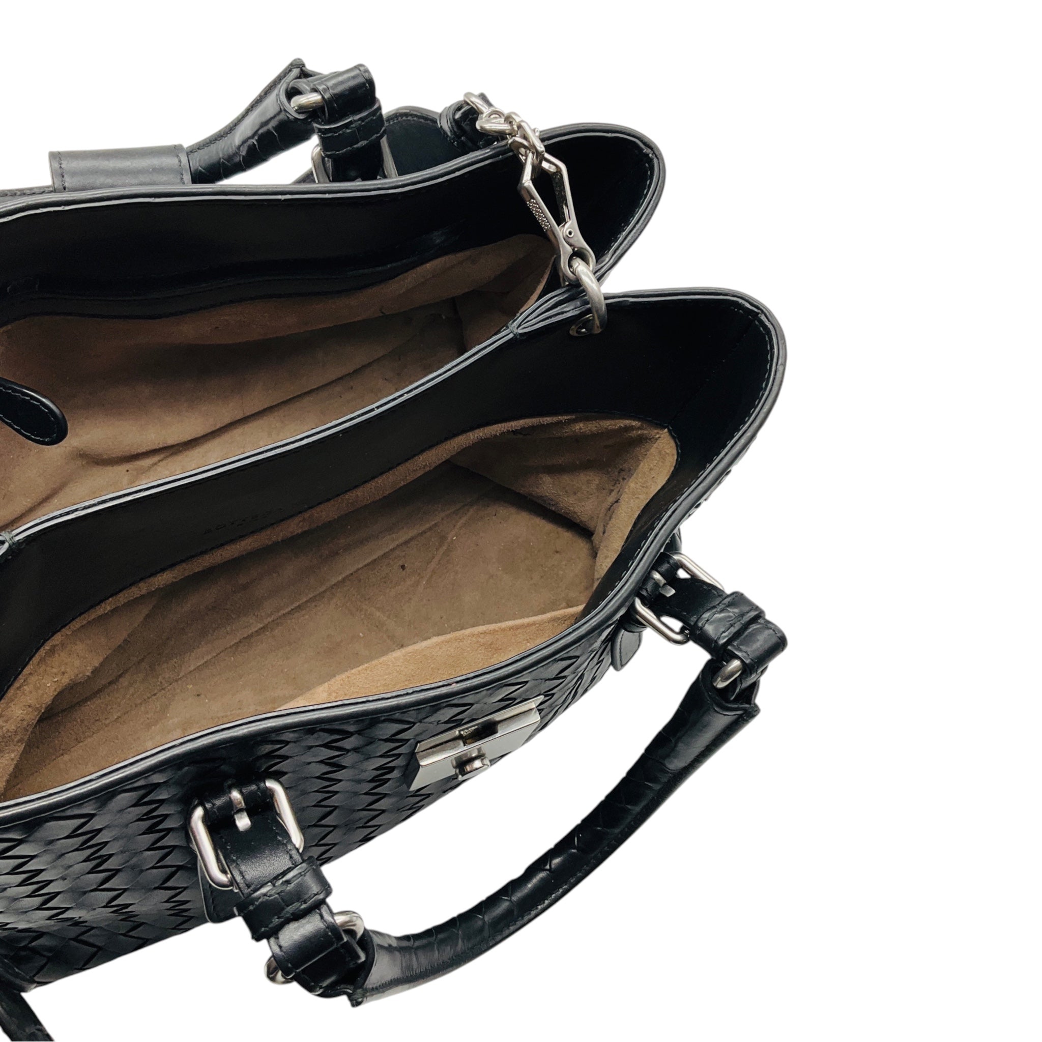 Bottega Veneta Black Intrecciato Woven Leather Double Top Handle Handbag with Shoulder Strap