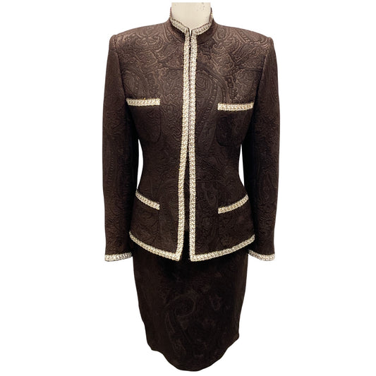 Tissus Ungaro Premiere Paris Vintage Brown Damask Jacquard Brocade Jacket and Skirt Suit Set