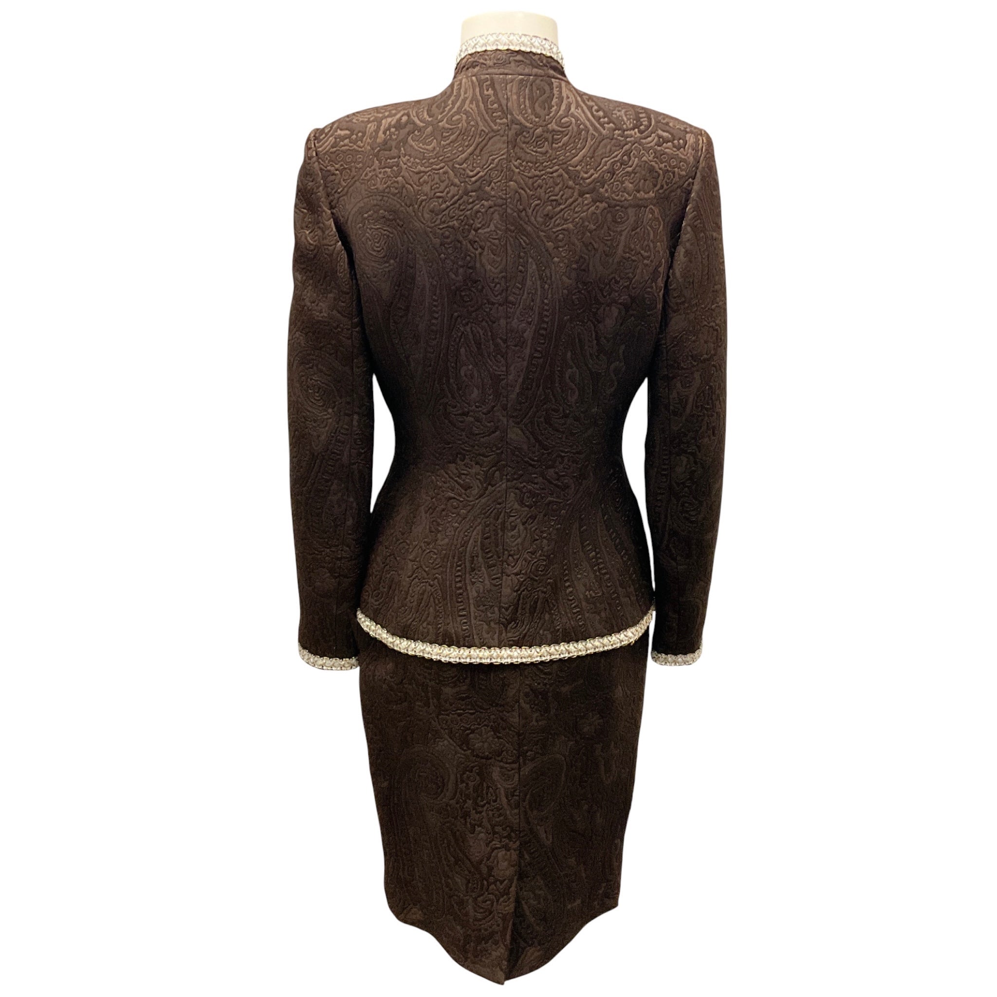 Tissus Ungaro Premiere Paris Vintage Brown Damask Jacquard Brocade Jacket and Skirt Suit Set