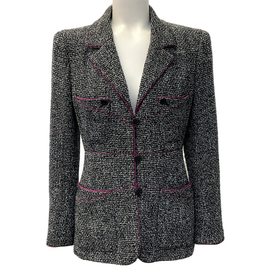 Chanel 2003 Black / White Tweed Jacket with Magenta Trim
