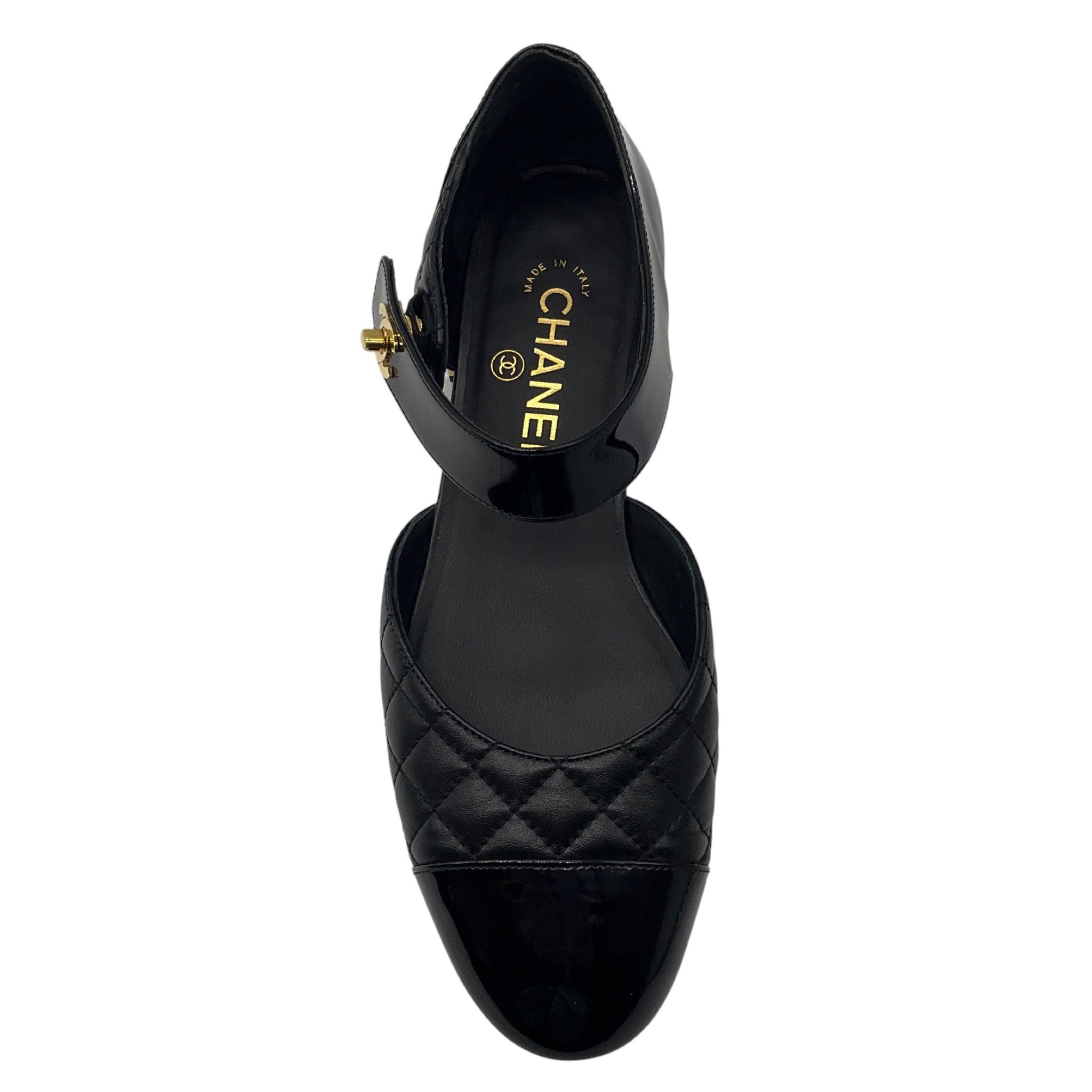 Chanel Black / Gold CC Logo Quilted Lambskin Patent Cap Toe Mary Jane Ballerina Flats