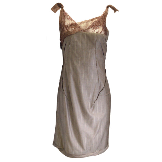 John Galliano Vintage Brown Lace Detail Pinstriped Wool Dress