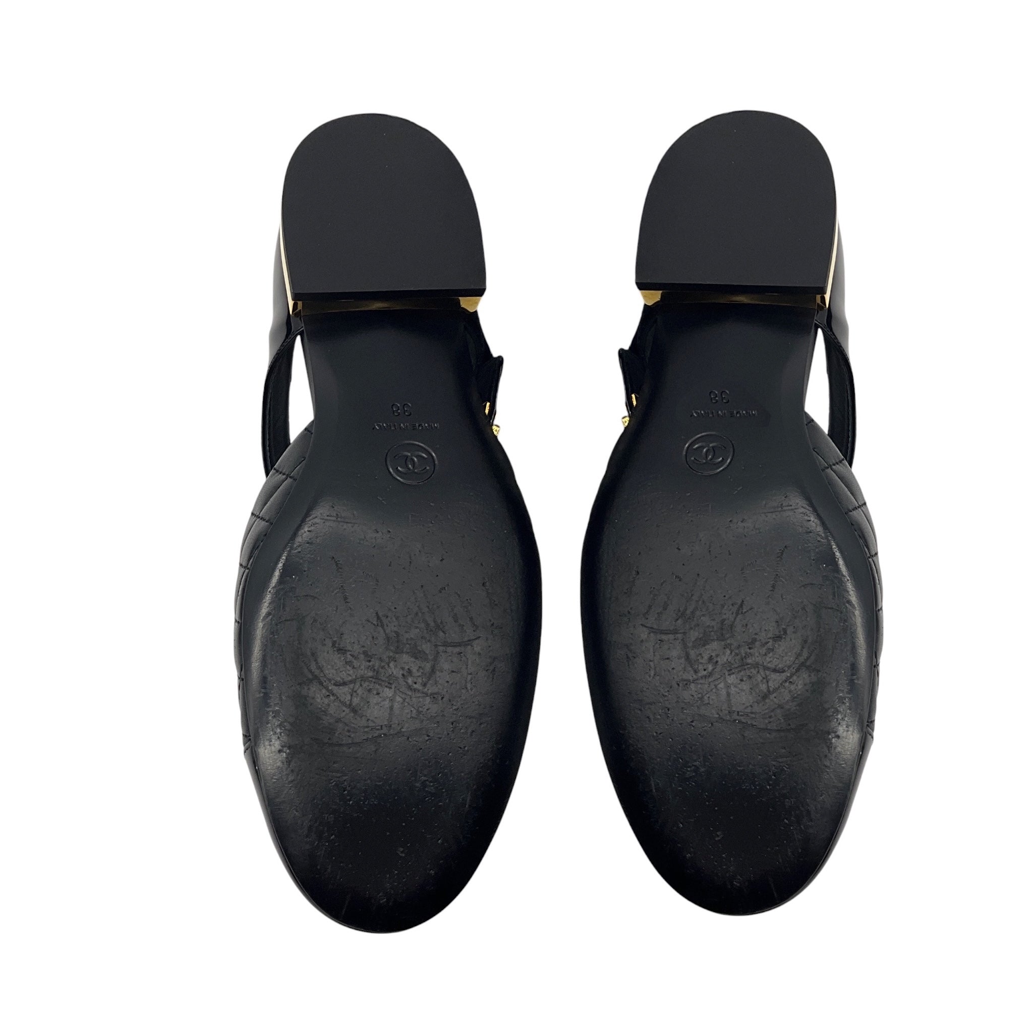 Chanel Black / Gold CC Logo Quilted Lambskin Patent Cap Toe Mary Jane Ballerina Flats