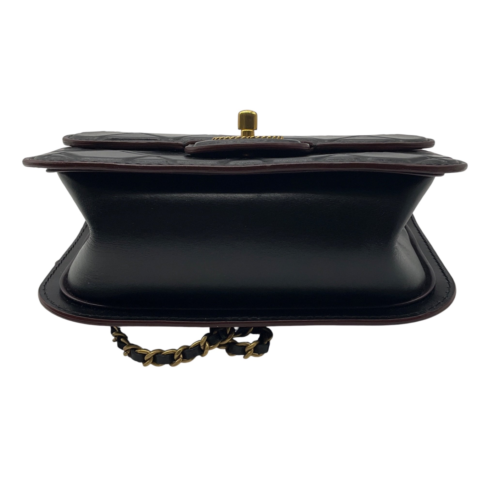 Chanel Black / Burgundy Trimmed Quilted Leather Single Flap Handbag with Aged Gold Hardware