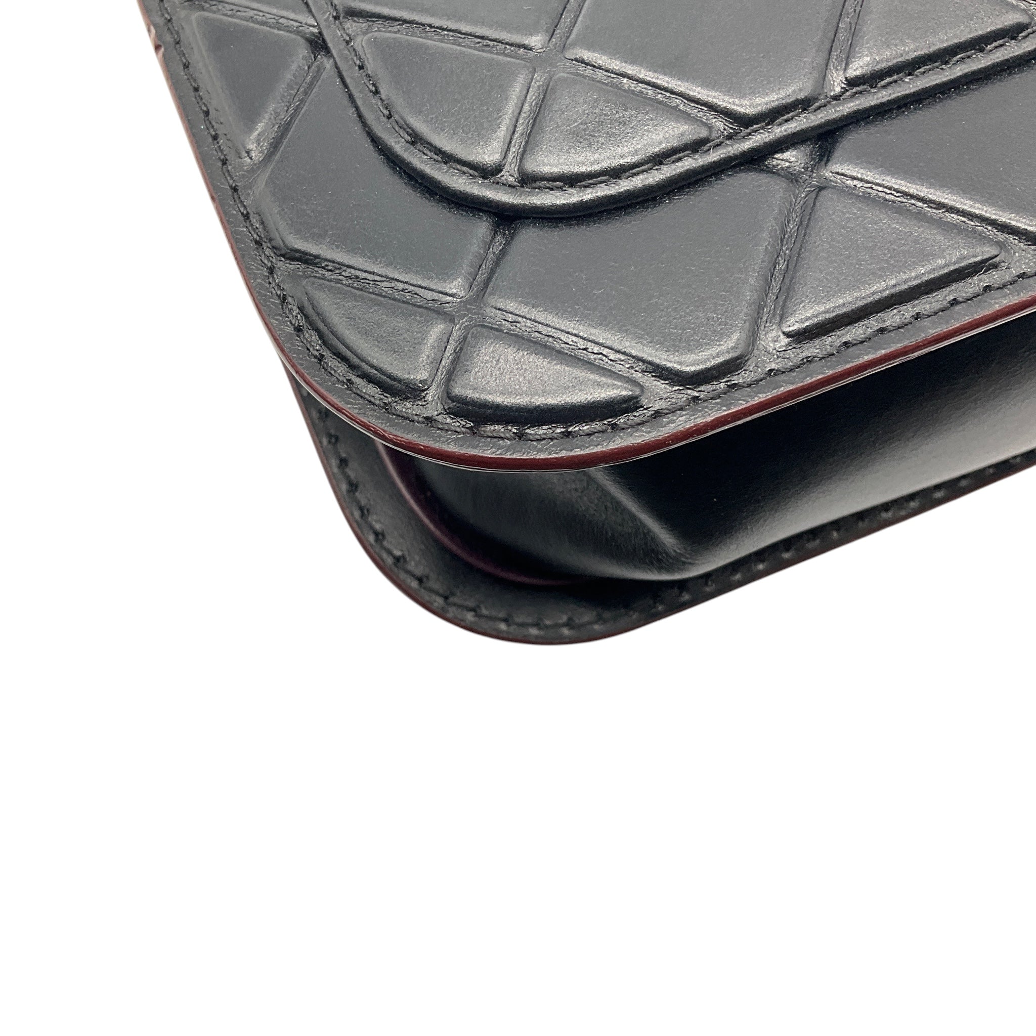 Chanel Black / Burgundy Trimmed Quilted Leather Single Flap Handbag with Aged Gold Hardware