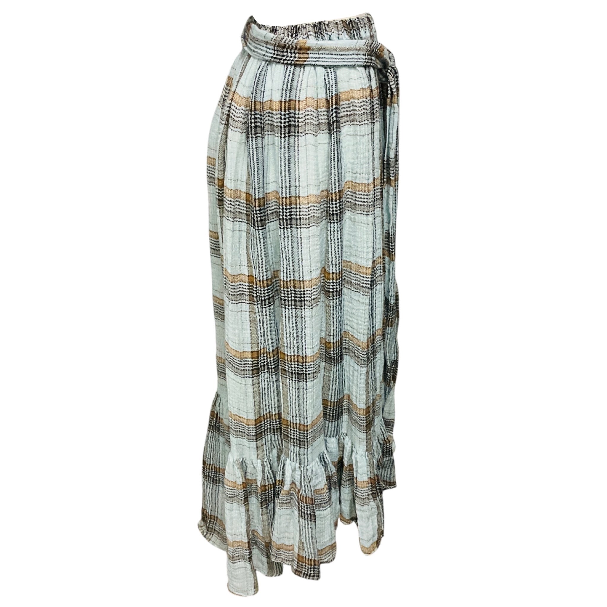 Lisa Marie Fernandez Light Blue / Brown Plaid Maxi Skirt with Belt
