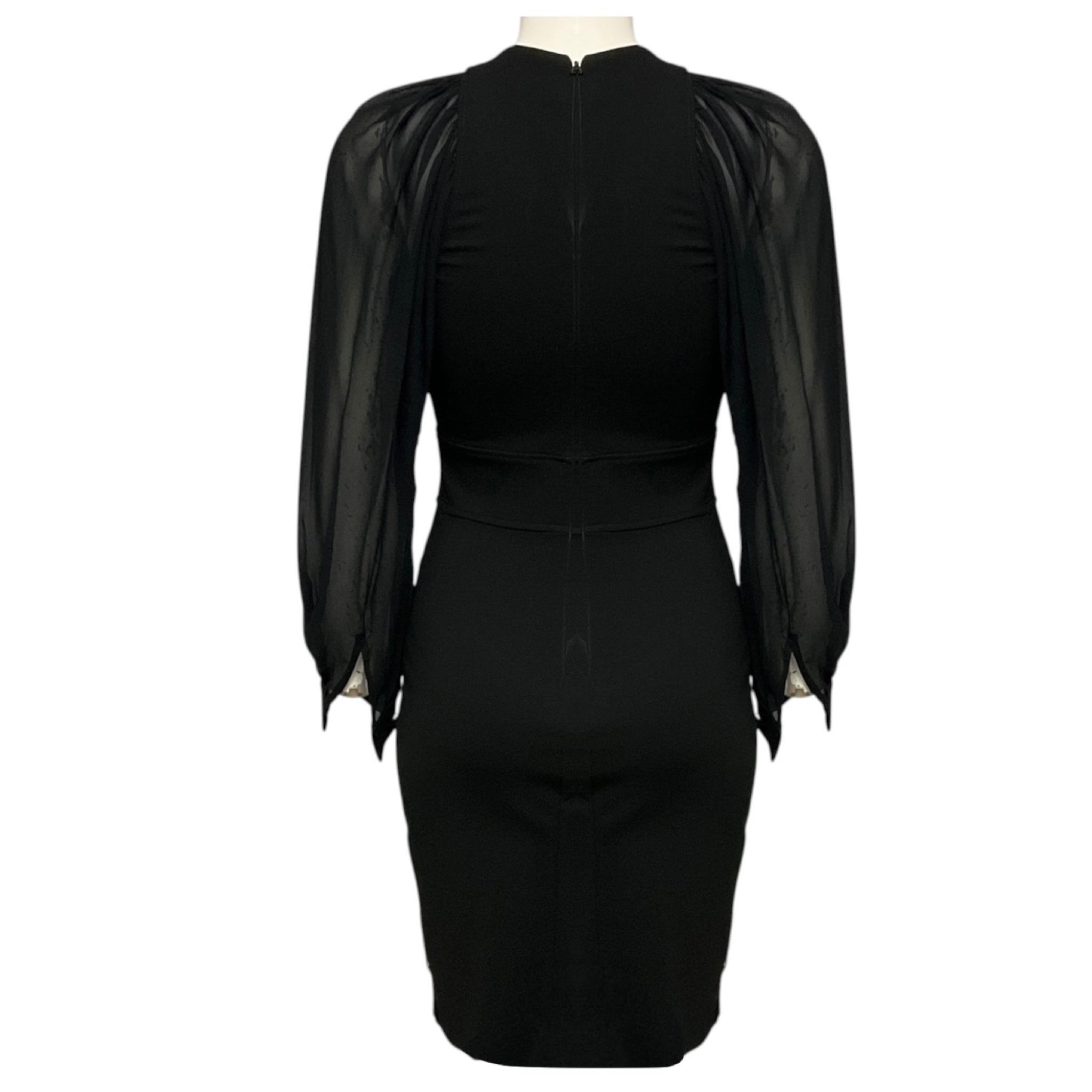 Gucci Black Fitted Jersey Stretch Knit Dress with Sheer Silk Chiffon Sleeves