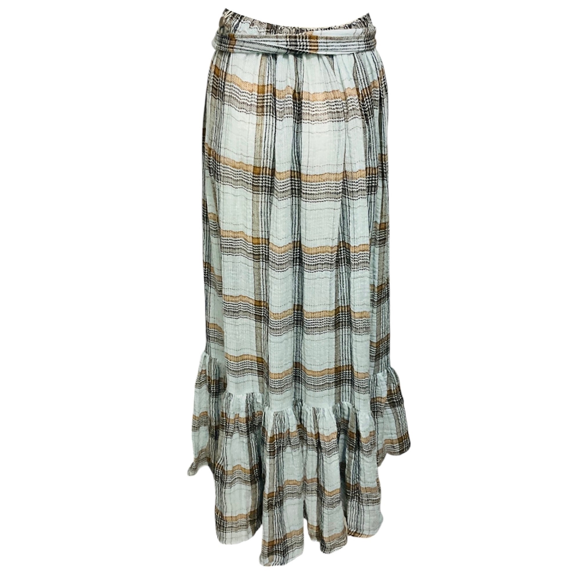 Lisa Marie Fernandez Light Blue / Brown Plaid Maxi Skirt with Belt