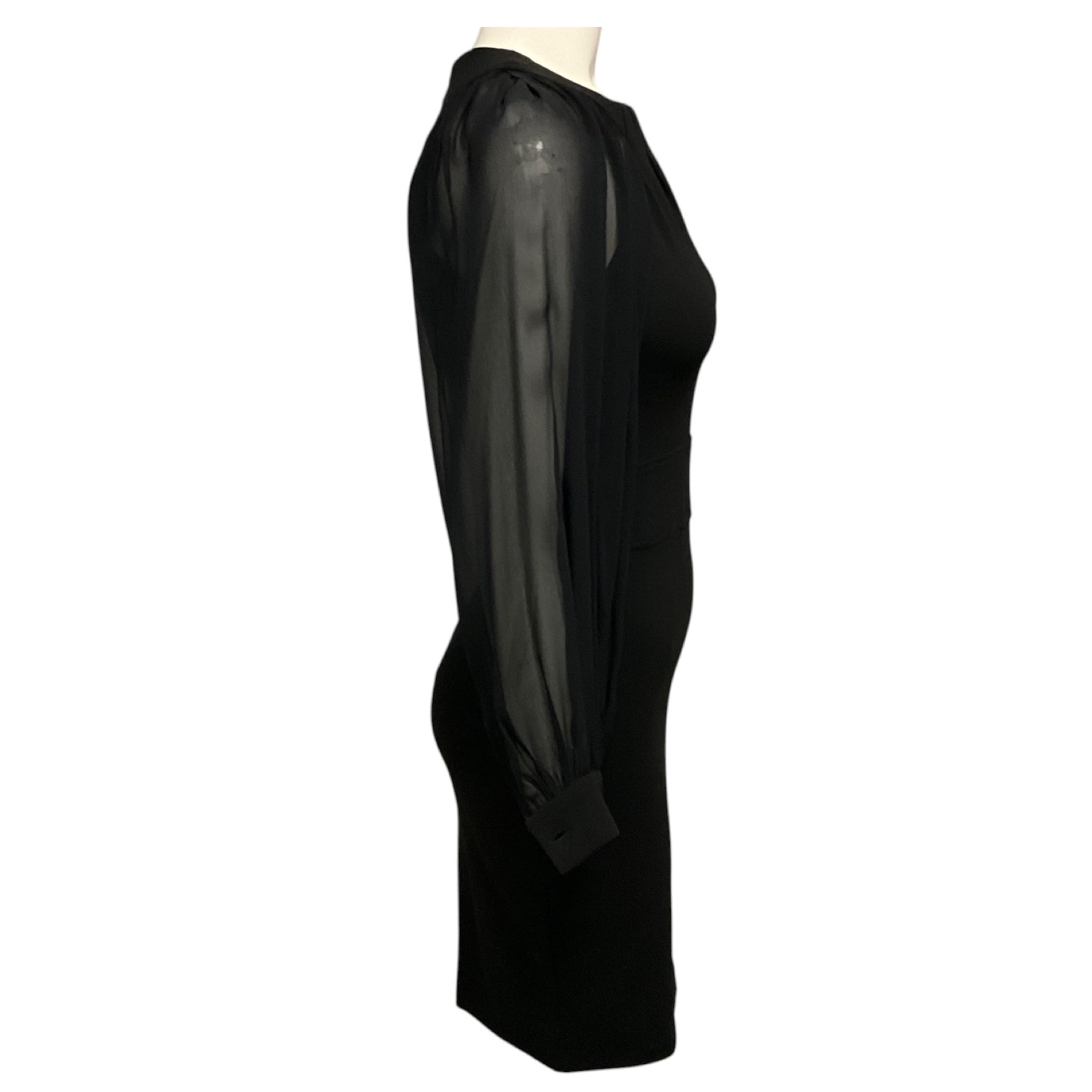 Gucci Black Fitted Jersey Stretch Knit Dress with Sheer Silk Chiffon Sleeves