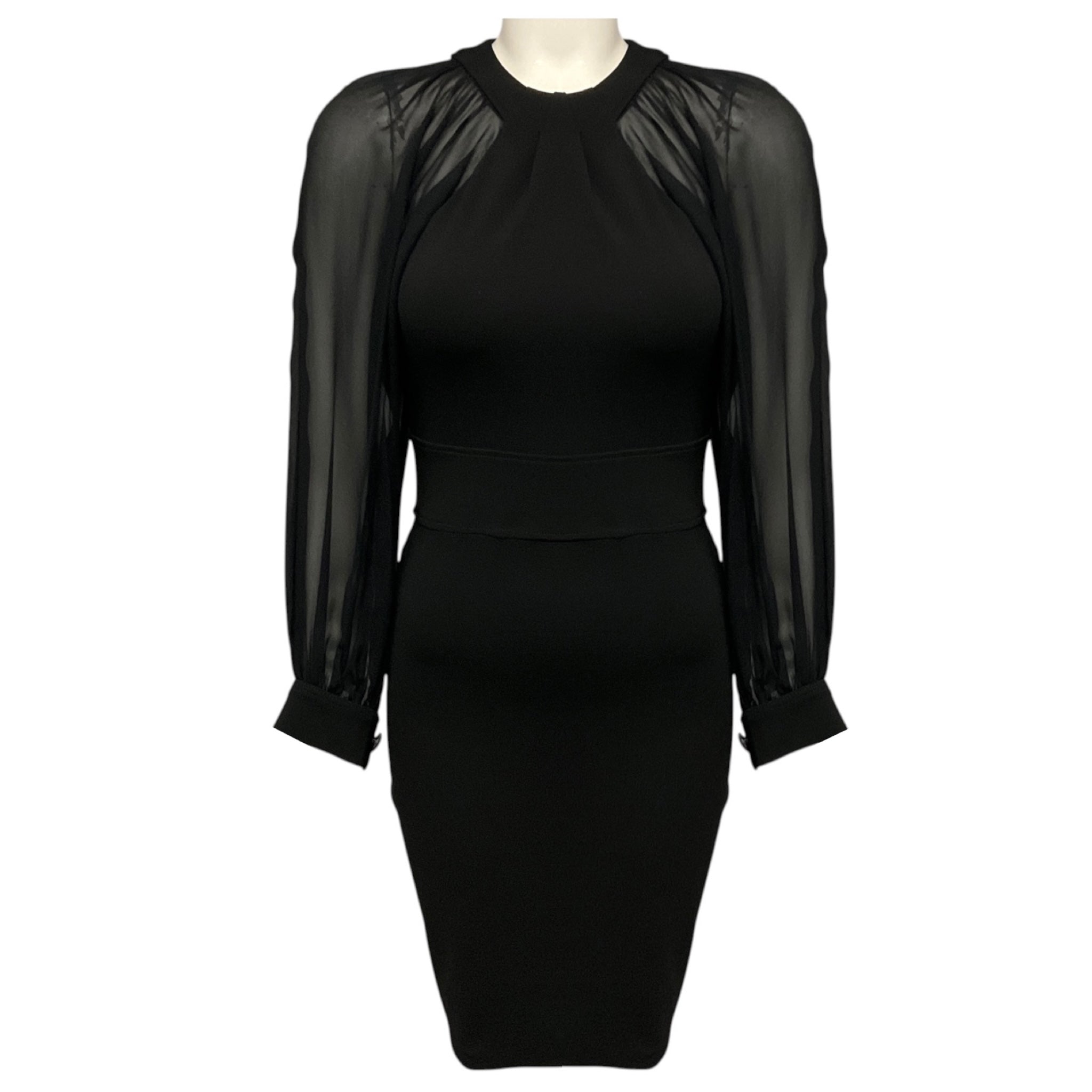 Gucci Black Fitted Jersey Stretch Knit Dress with Sheer Silk Chiffon Sleeves