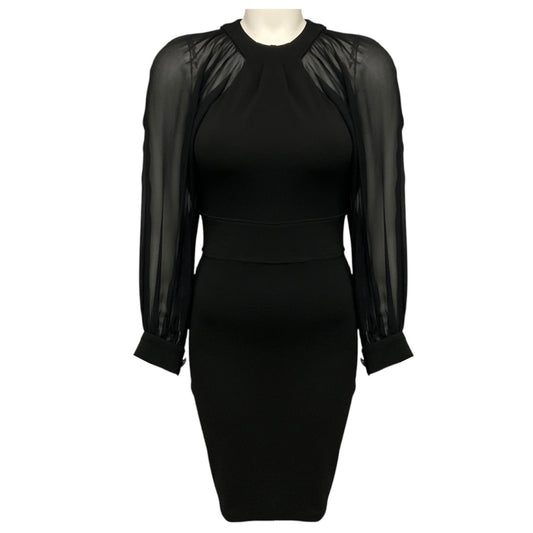 Gucci Black Fitted Jersey Stretch Knit Dress with Sheer Silk Chiffon Sleeves
